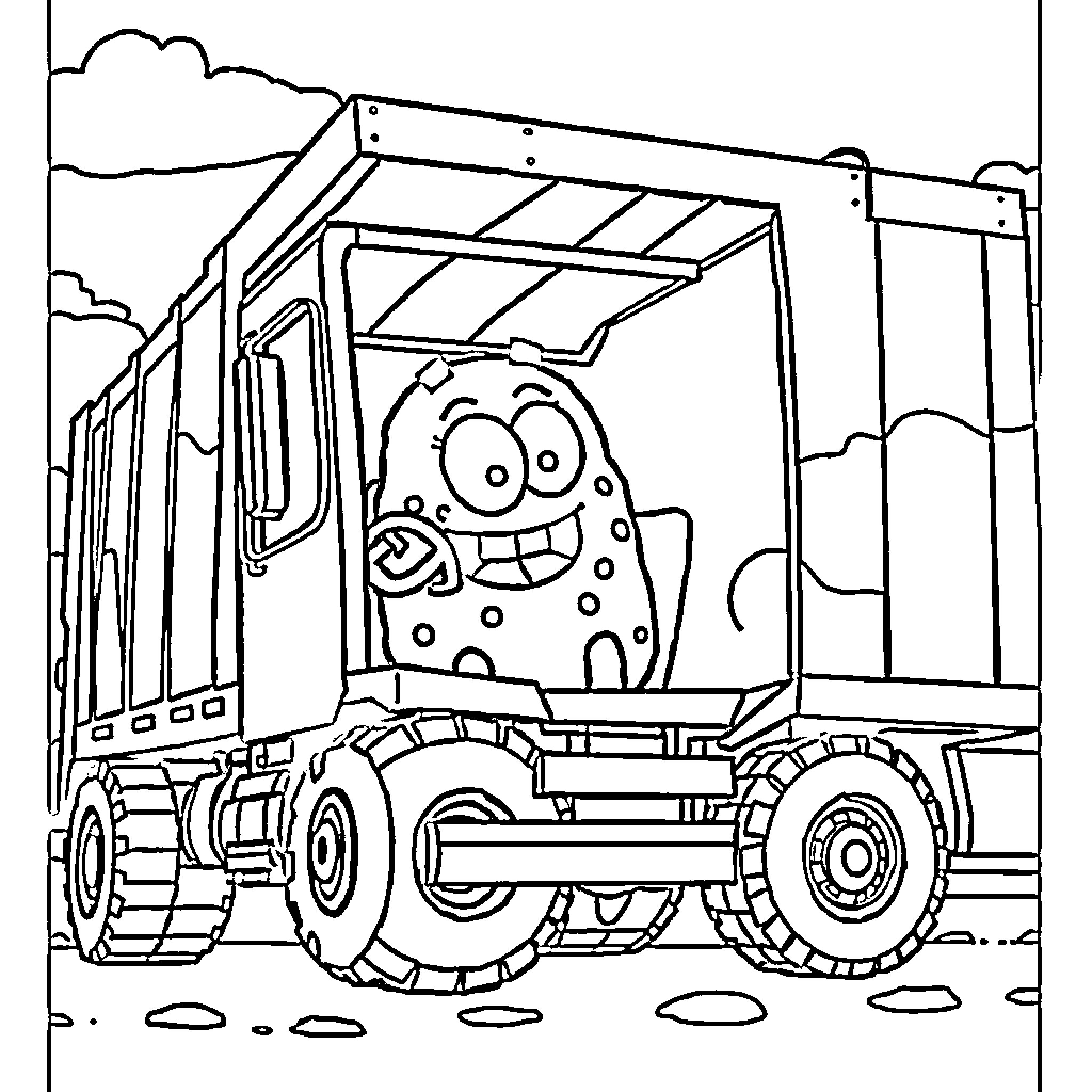 Meatwad riding a large truck with a big smile Coloring Page (free black-and-white line drawing printable PDF for all, from beginners to advanced learners, including children, teens, adults, and seniors)