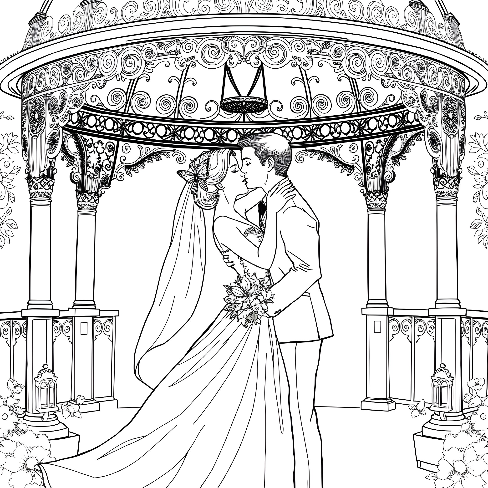 Woman and man getting married under ornate gazebo Coloring Page (free black-and-white line drawing printable PDF for all, from beginners to advanced learners, including children, teens, adults, and seniors)