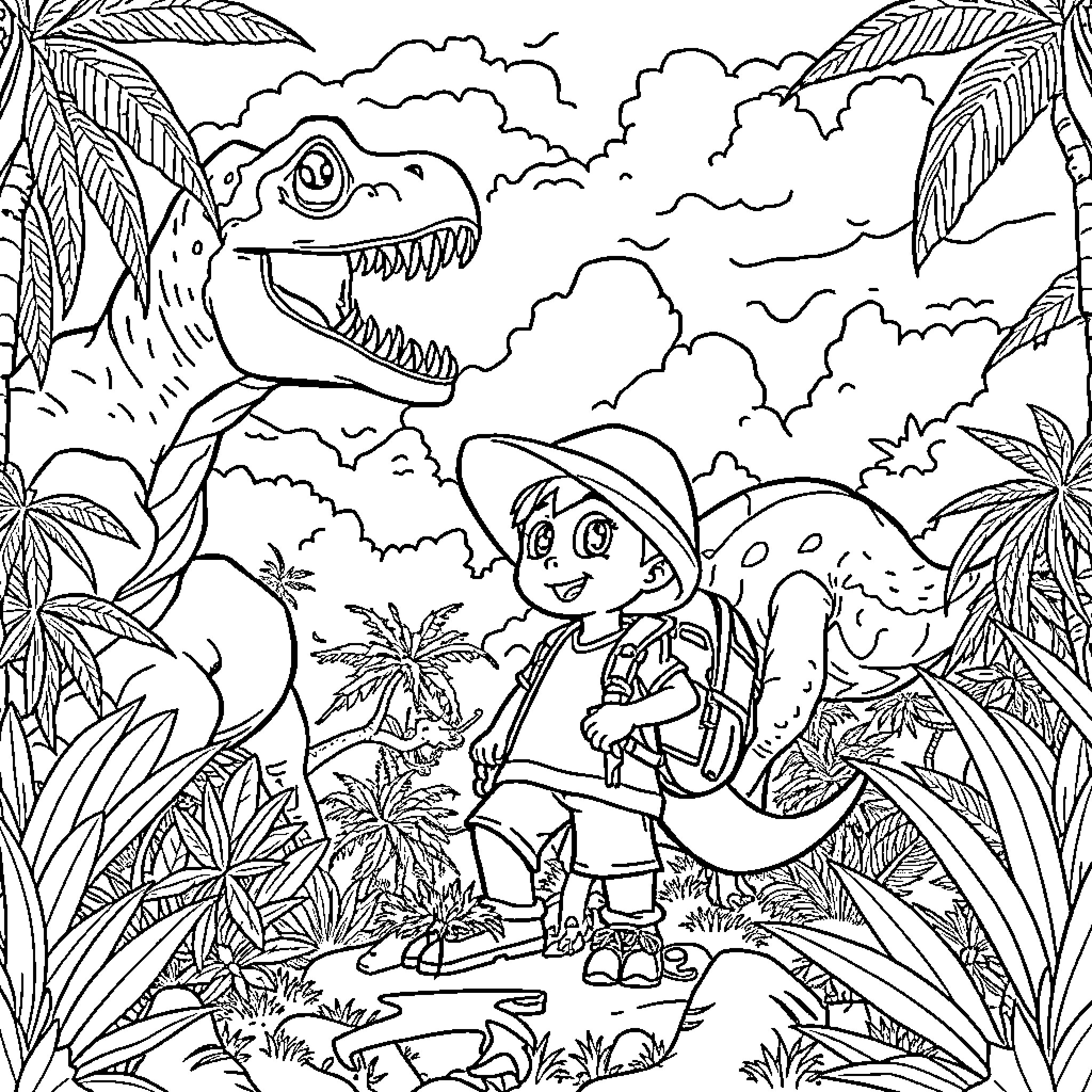 Max's Adventurous Jungle Exploration Coloring Page (free black-and-white line drawing printable PDF for all, from beginners to advanced learners, including children, teens, adults, and seniors)