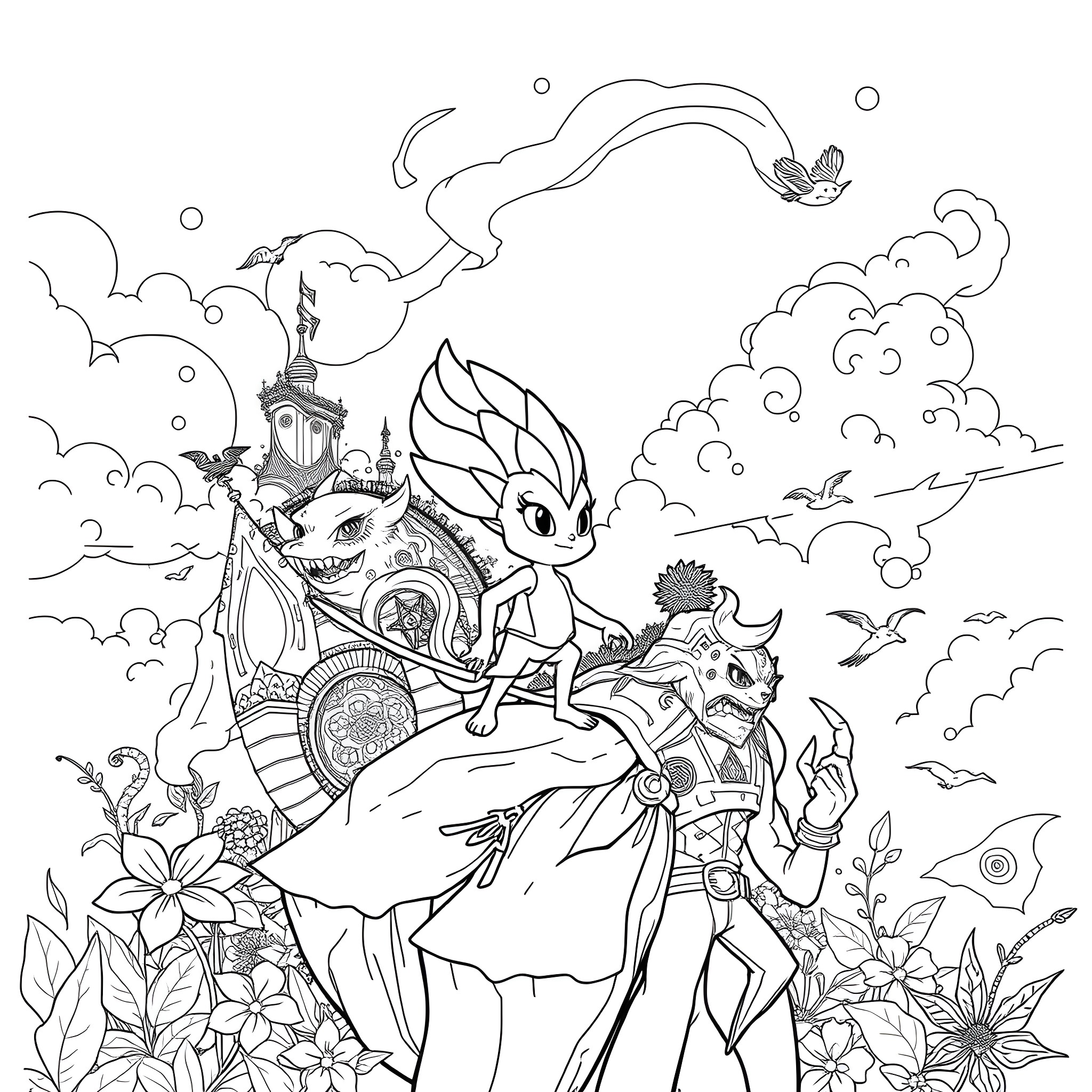 Sprunki playing in the fantastical landscape Coloring Page (free black-and-white line drawing printable PDF for all, from beginners to advanced learners, including children, teens, adults, and seniors)