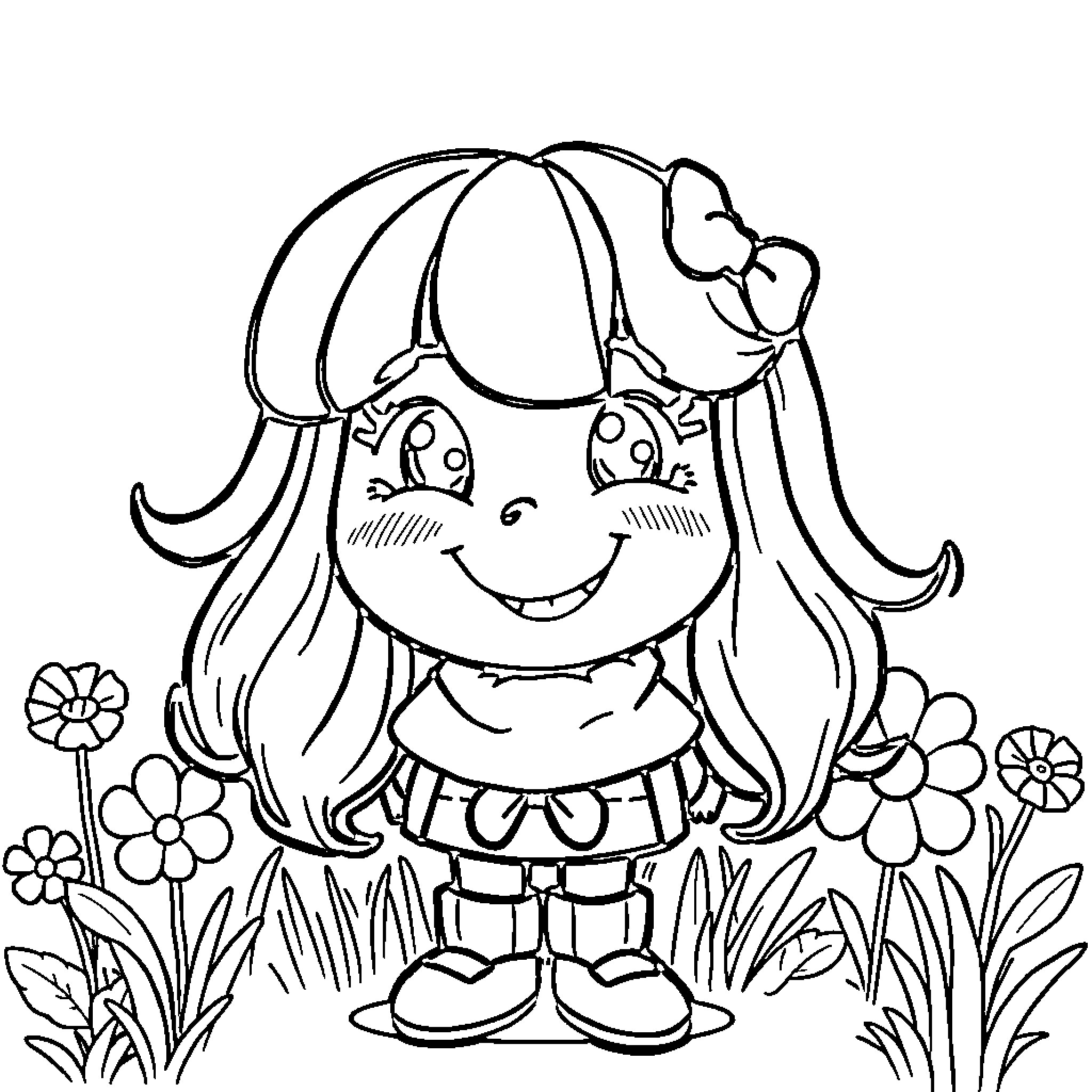 Wenda enjoys the flowers in the garden Coloring Page (free black-and-white line drawing printable PDF for all, from beginners to advanced learners, including children, teens, adults, and seniors)