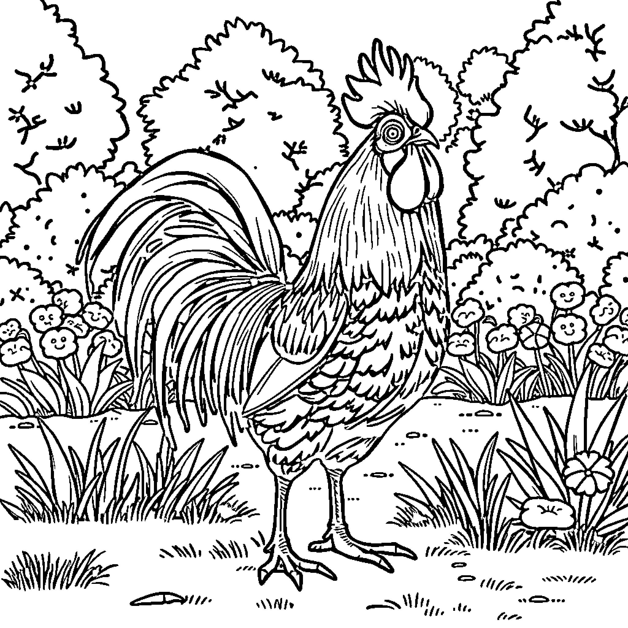 Rooster proudly standing in nature Coloring Page (free black-and-white line drawing printable PDF for all, from beginners to advanced learners, including children, teens, adults, and seniors)