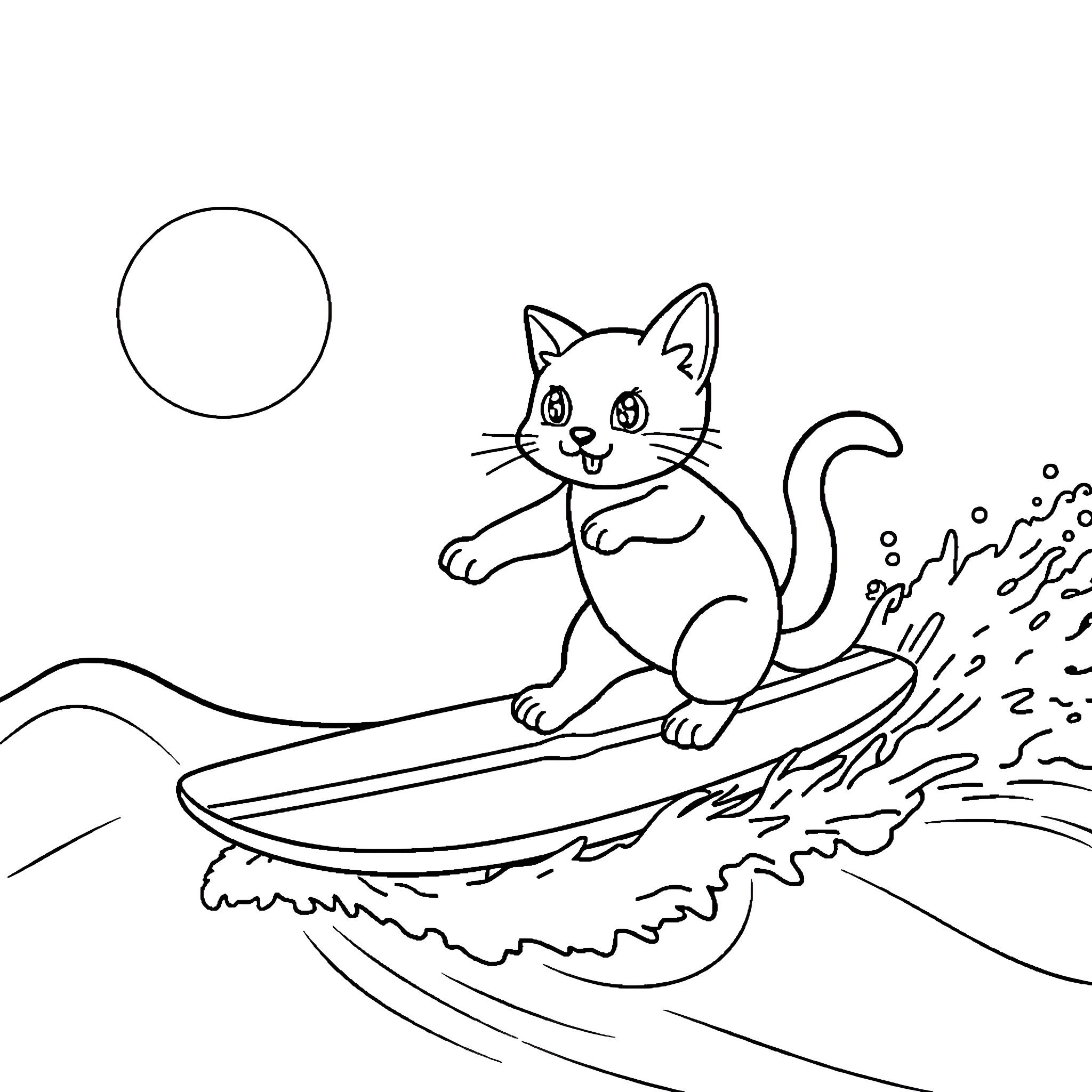Cat surfing on the waves Coloring Page (free black-and-white line drawing printable PDF for all, from beginners to advanced learners, including children, teens, adults, and seniors)