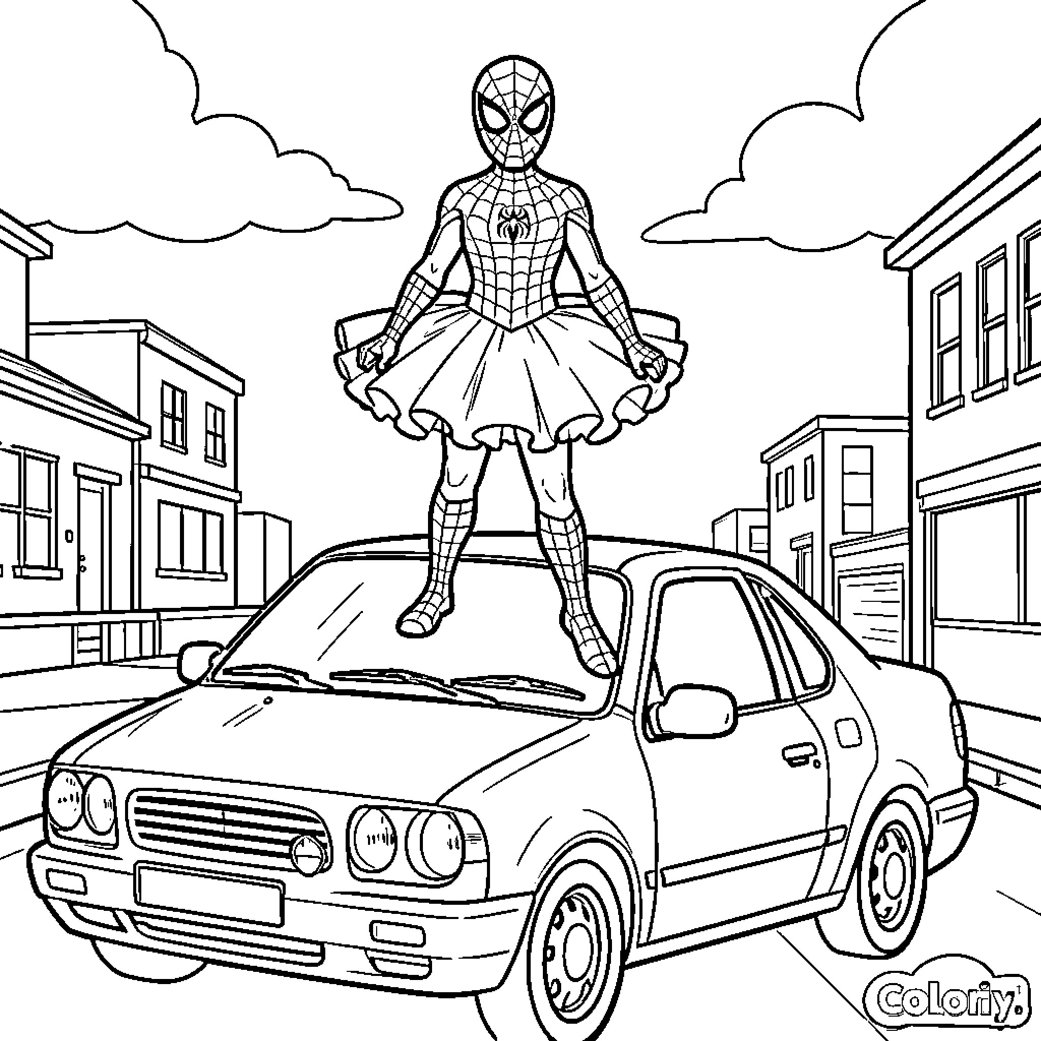 Spiderman wearing a tutu standing on a car Coloring Page (free black-and-white line drawing printable PDF for all, from beginners to advanced learners, including children, teens, adults, and seniors)