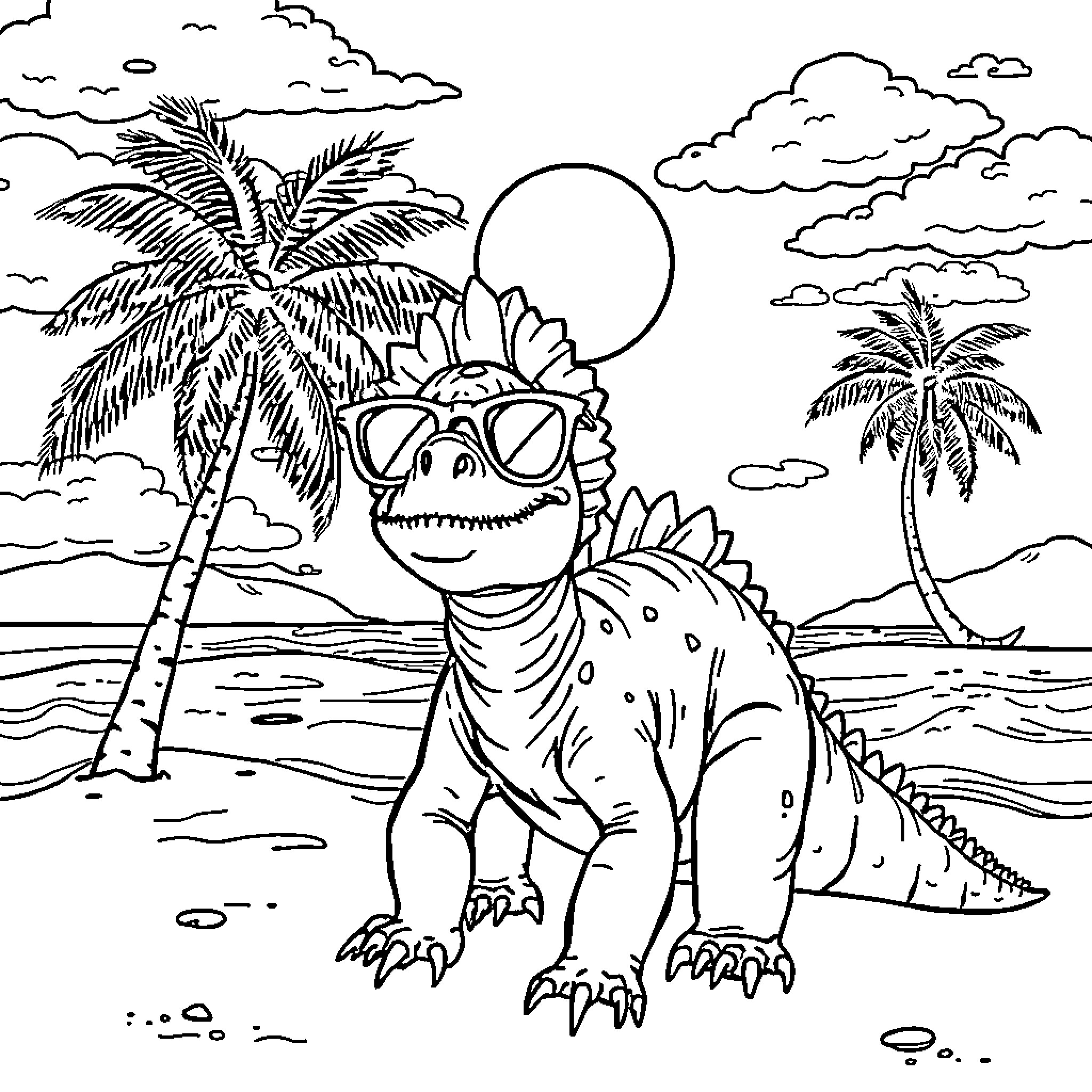 Tyrannosaurus enjoying the tropical beach scenery Coloring Page (free black-and-white line drawing printable PDF for all, from beginners to advanced learners, including children, teens, adults, and seniors)