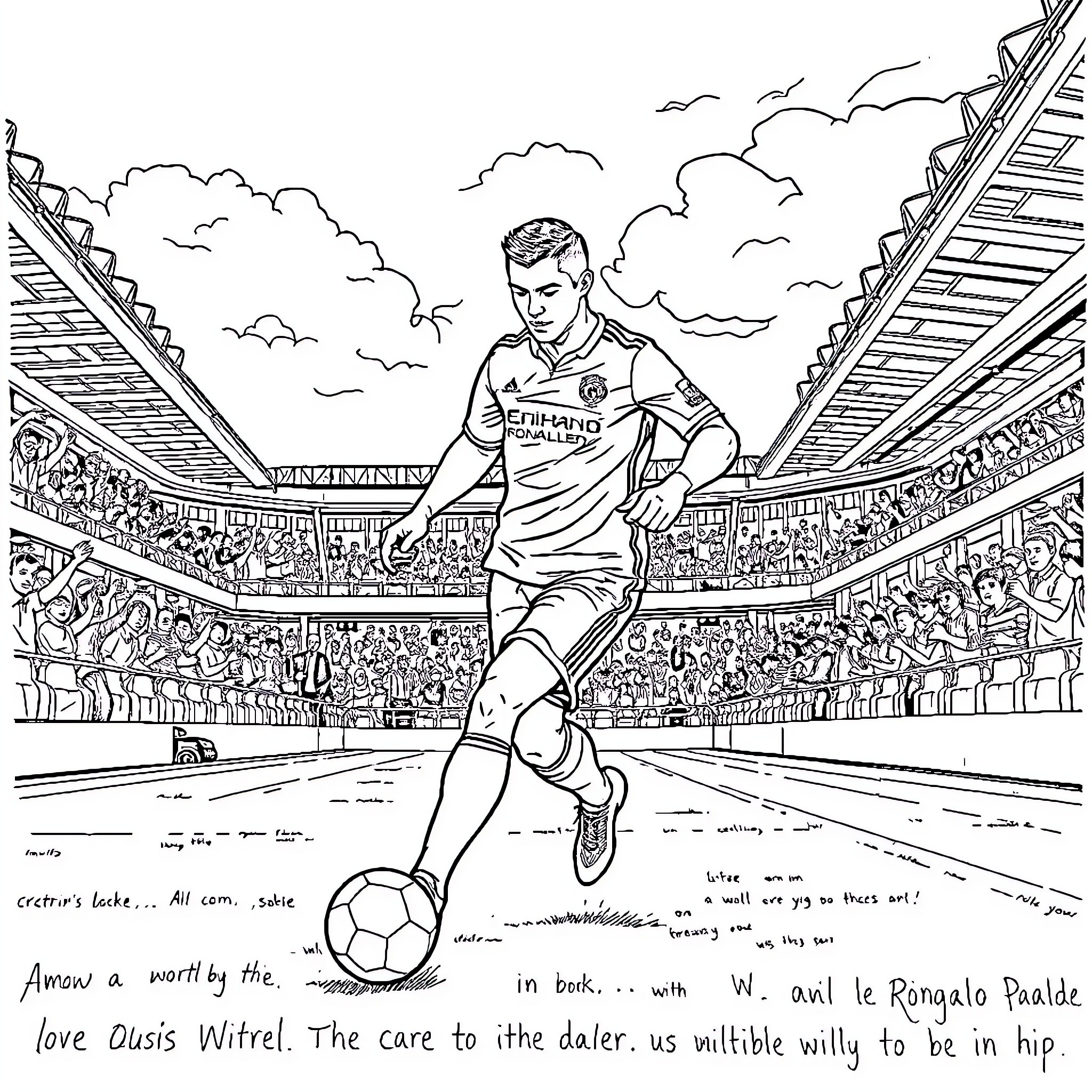 Cristiano Ronaldo kicking a soccer ball on the field Coloring Page (free black-and-white line drawing printable PDF for all, from beginners to advanced learners, including children, teens, adults, and seniors)
