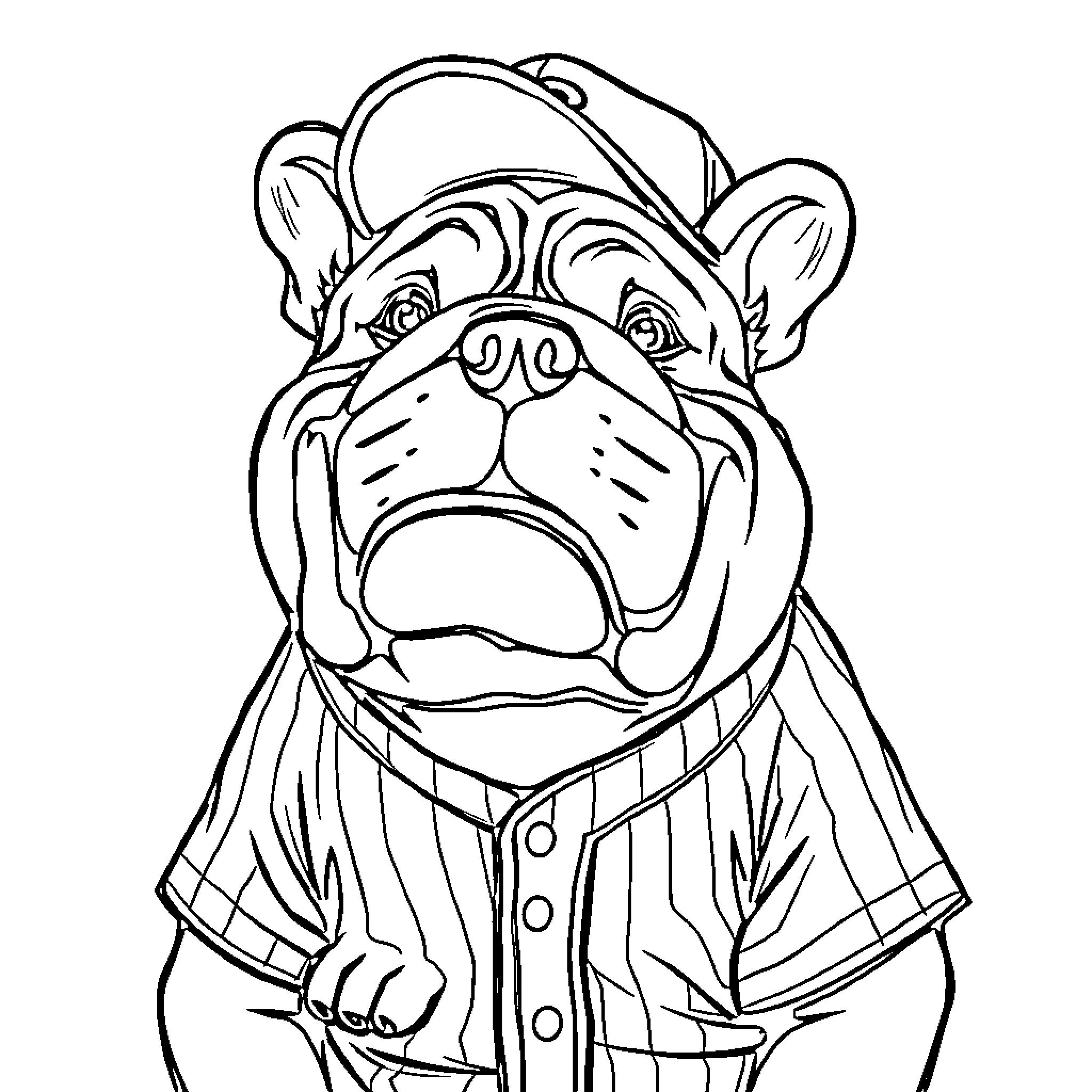 Bulldog wearing baseball uniform and cap Coloring Page (free black-and-white line drawing printable PDF for all, from beginners to advanced learners, including children, teens, adults, and seniors)