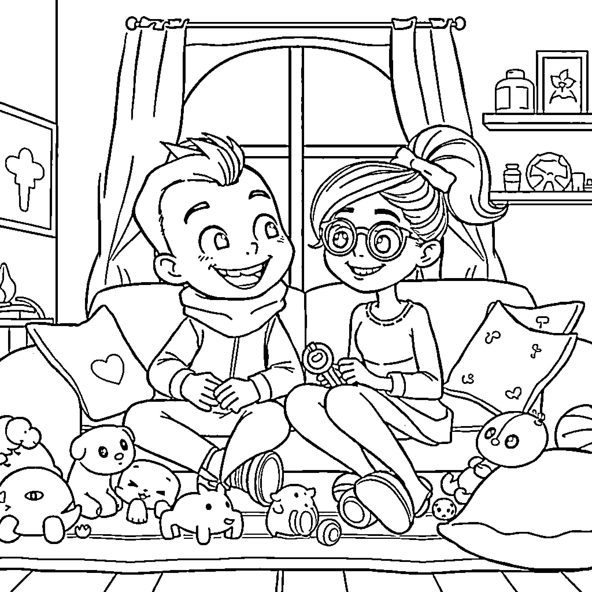 Loid and Anya playing happily with toys at home Coloring Page (free black-and-white line drawing printable PDF for all, from beginners to advanced learners, including children, teens, adults, and seniors)