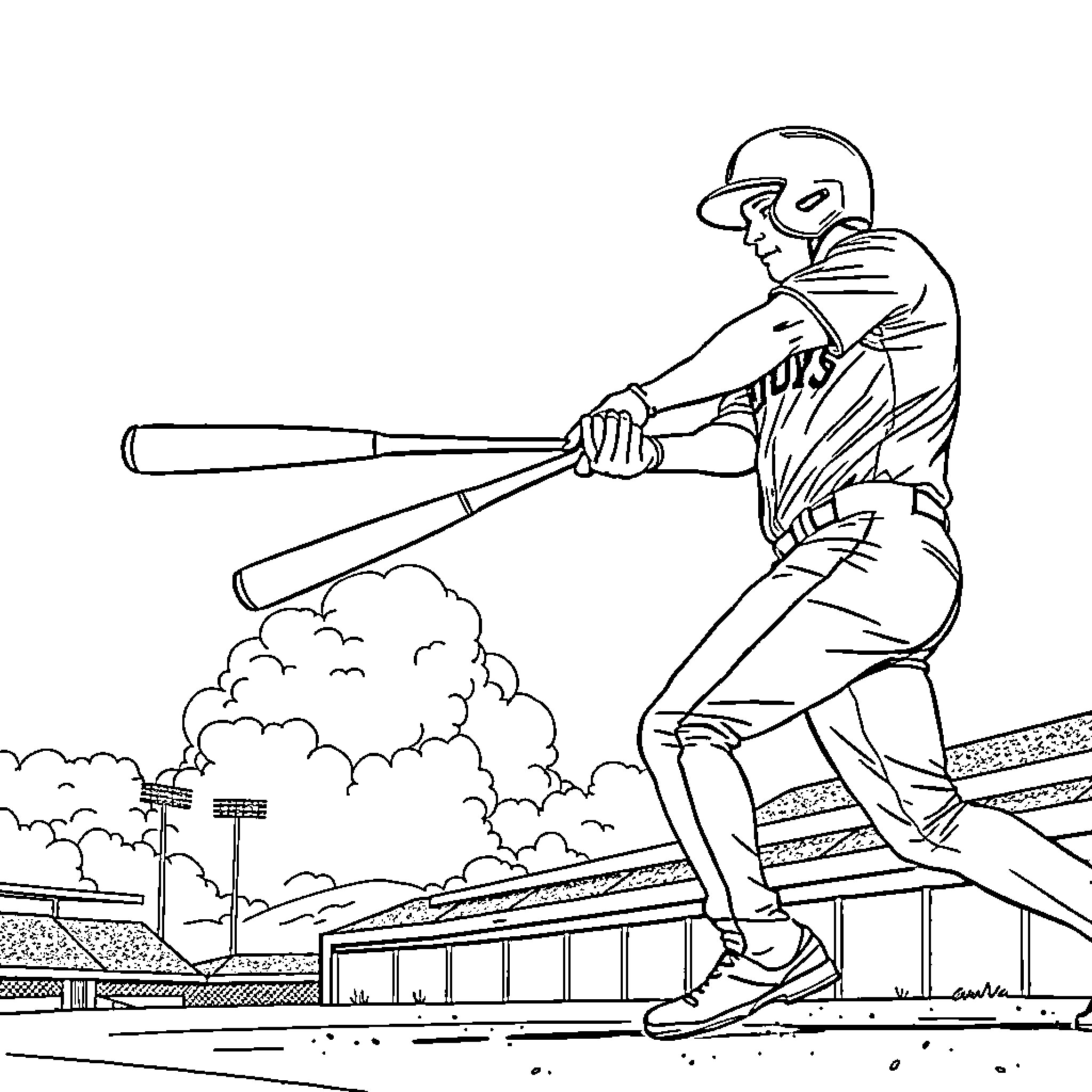 Vladimir Guerrero Jr. batting in baseball stadium Coloring Page (free black-and-white line drawing printable PDF for all, from beginners to advanced learners, including children, teens, adults, and seniors)