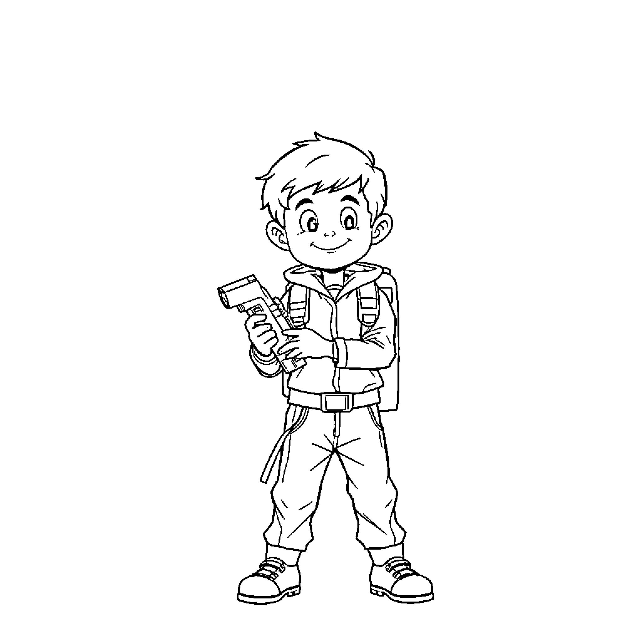 Ghostbuster kid adventurer with equipment Coloring Page (free black-and-white line drawing printable PDF for all, from beginners to advanced learners, including children, teens, adults, and seniors)