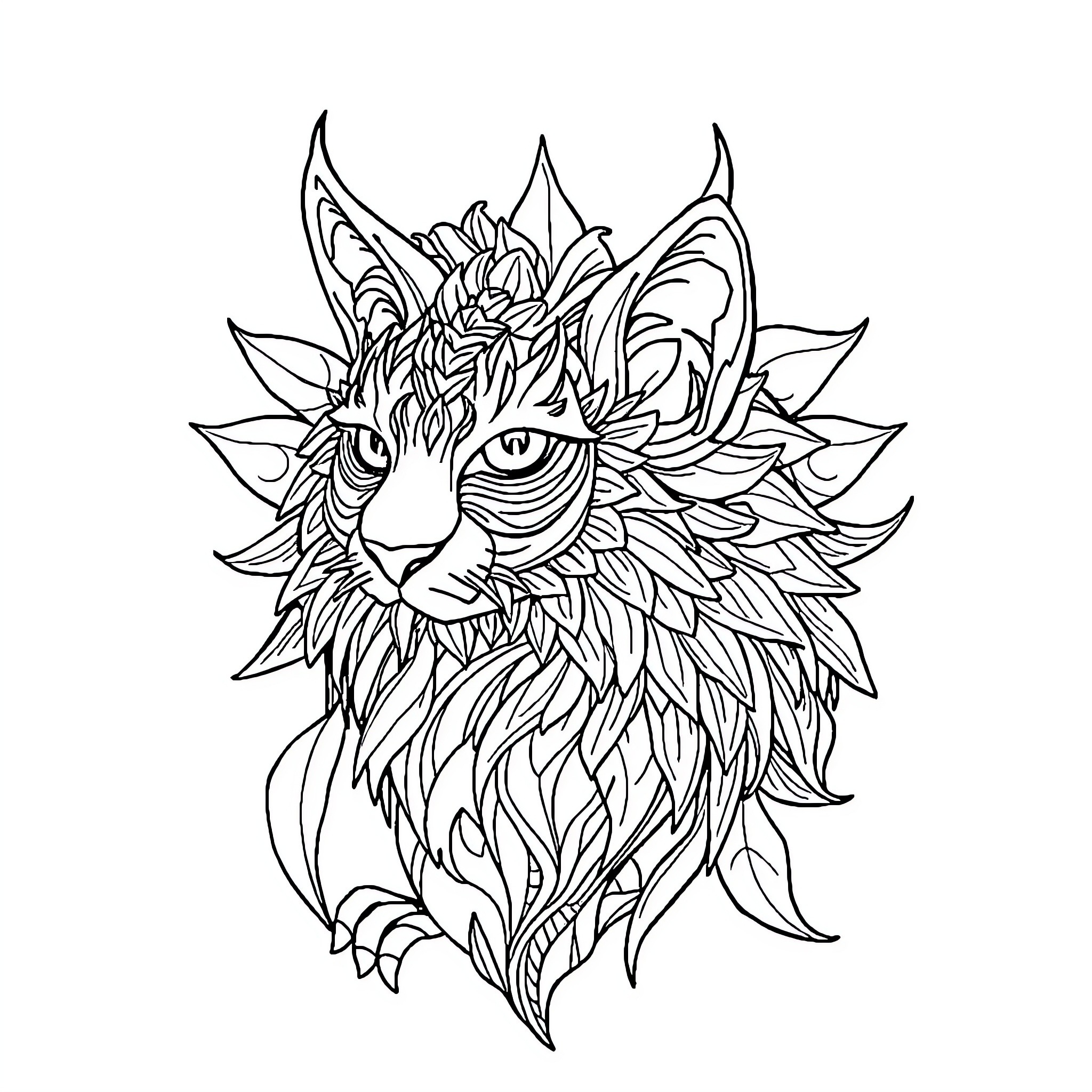 Adult abstract portrait of a feline Coloring Page (free black-and-white line drawing printable PDF for all, from beginners to advanced learners, including children, teens, adults, and seniors)