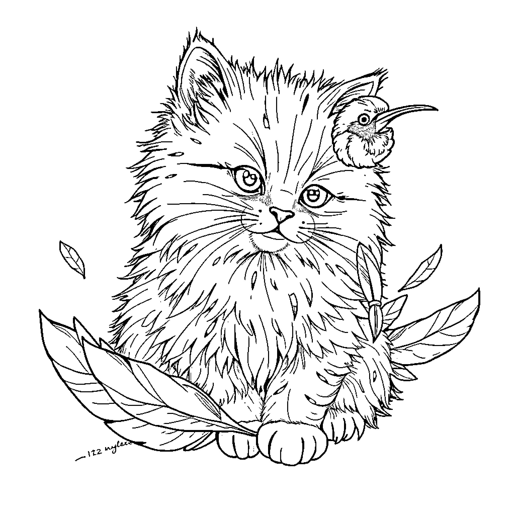 Cat with leaves and flower in artistic sketch Coloring Page (free black-and-white line drawing printable PDF for all, from beginners to advanced learners, including children, teens, adults, and seniors)