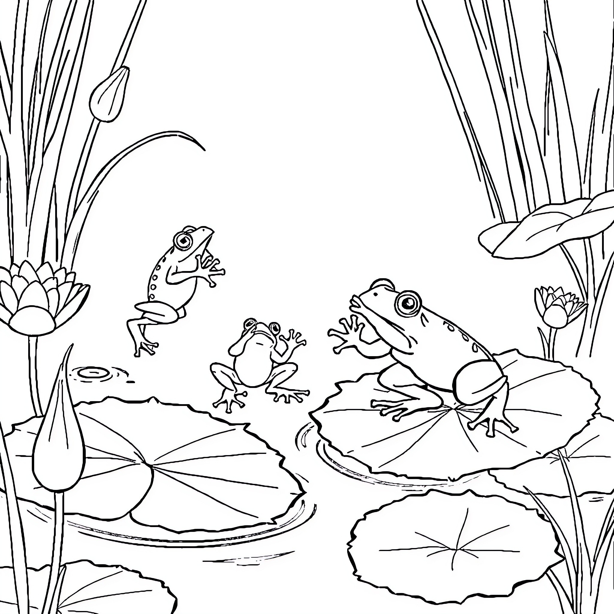 Frog family relaxing on lily pads in the pond Coloring Page (free black-and-white line drawing printable PDF for all, from beginners to advanced learners, including children, teens, adults, and seniors)
