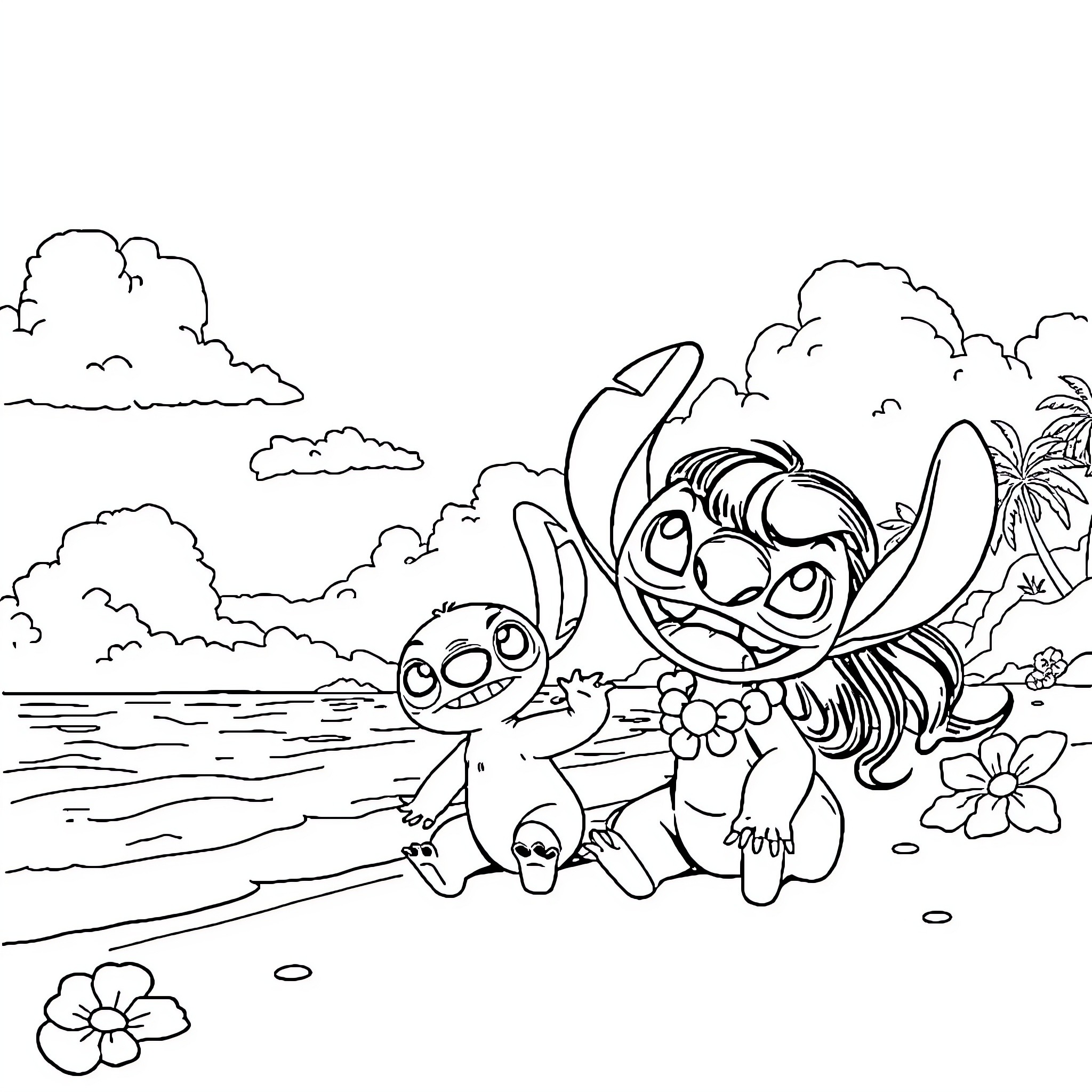 Lilo & Stitch on a tropical beach adventure Coloring Page (free black-and-white line drawing printable PDF for all, from beginners to advanced learners, including children, teens, adults, and seniors)