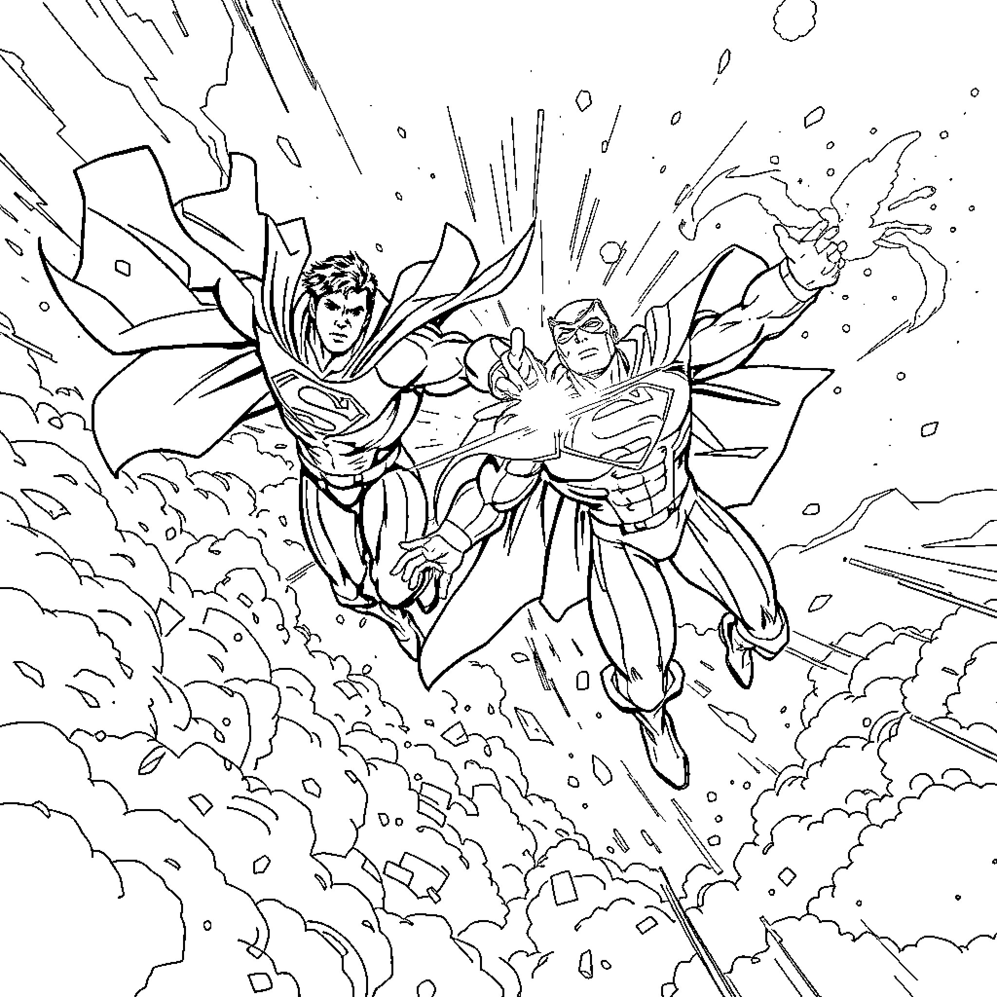 Superman and Batman fighting against villains Coloring Page (free black-and-white line drawing printable PDF for all, from beginners to advanced learners, including children, teens, adults, and seniors)
