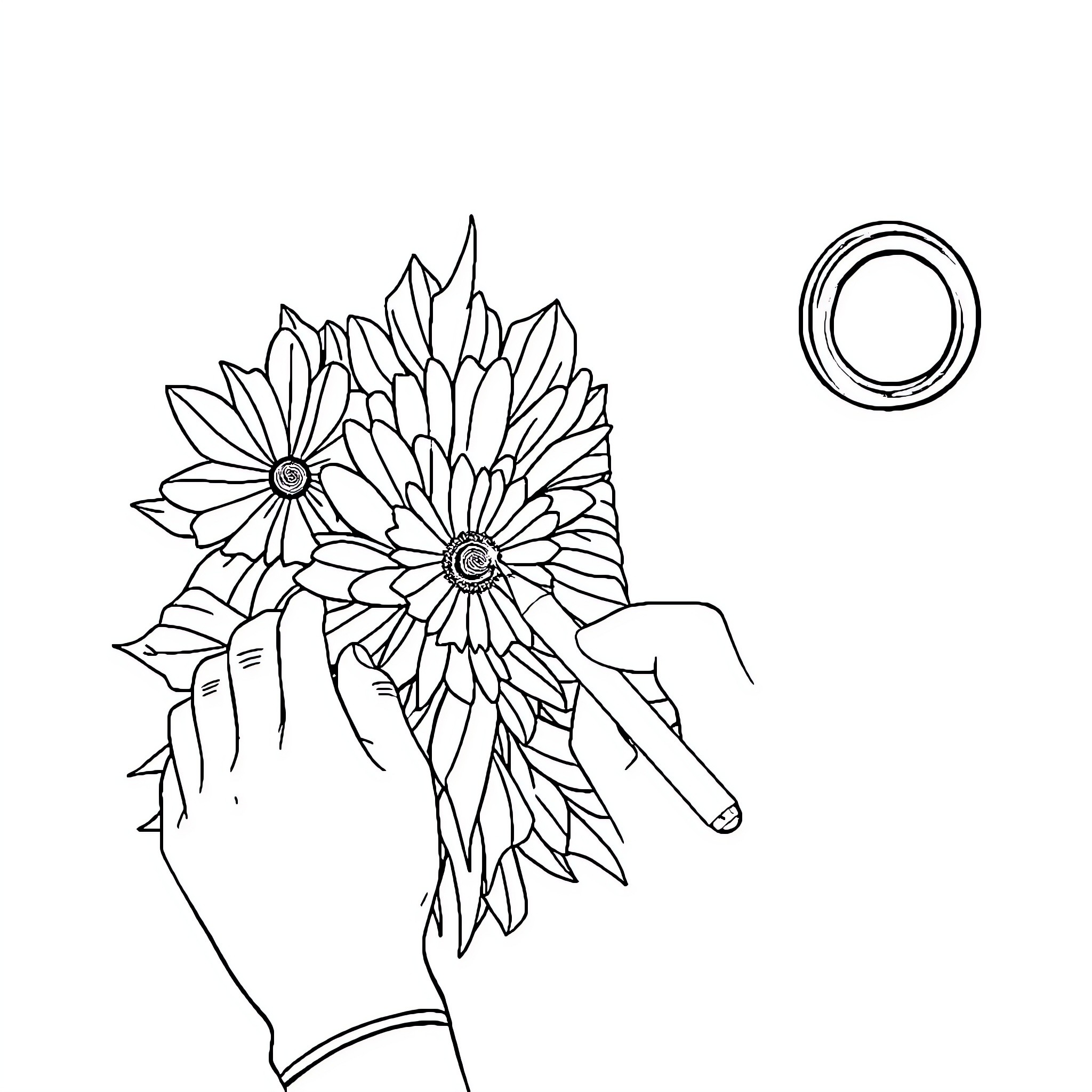 AI Floral Bouquet in Hand Coloring Page (free black-and-white line drawing printable PDF for all, from beginners to advanced learners, including children, teens, adults, and seniors)