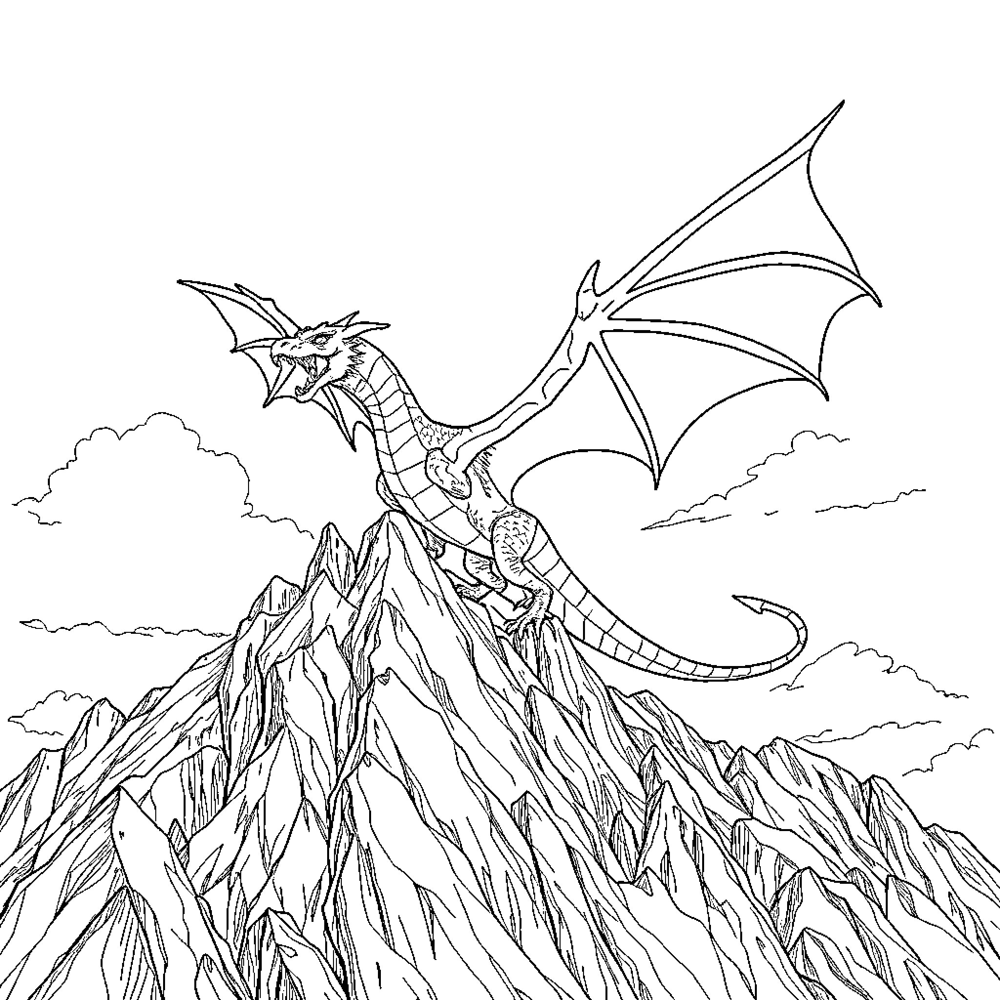 Dragon soaring over majestic mountain peaks Coloring Page (free black-and-white line drawing printable PDF for all, from beginners to advanced learners, including children, teens, adults, and seniors)