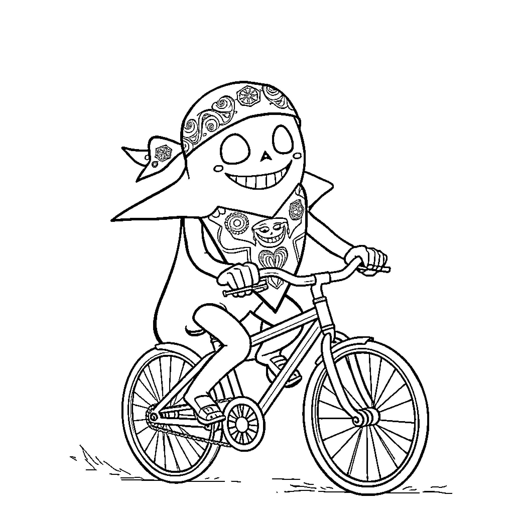 Ghost Riding a Bicycle with Joy Coloring Page (free black-and-white line drawing printable PDF for all, from beginners to advanced learners, including children, teens, adults, and seniors)