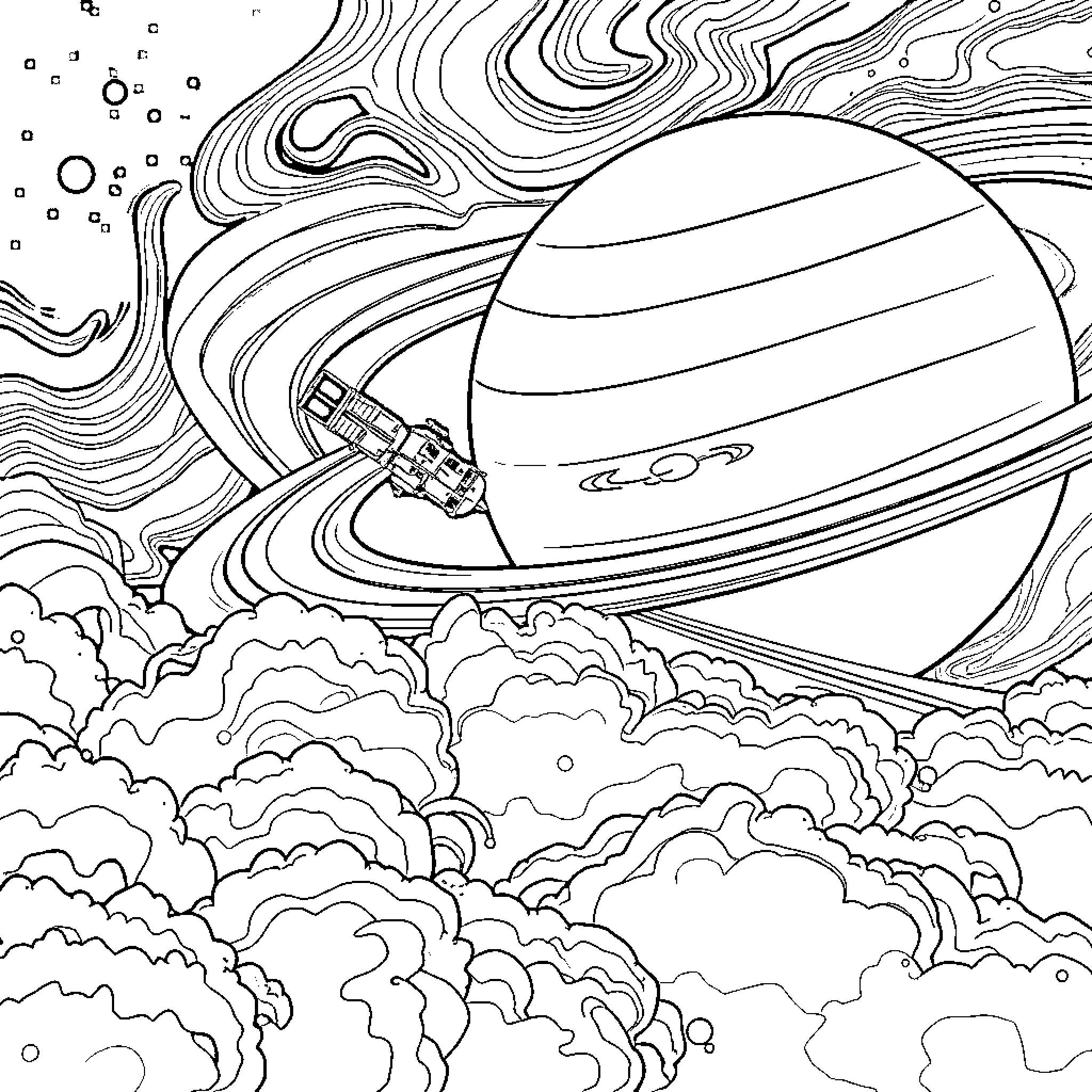 Satellite probing the cosmic landscape Coloring Page (free black-and-white line drawing printable PDF for all, from beginners to advanced learners, including children, teens, adults, and seniors)