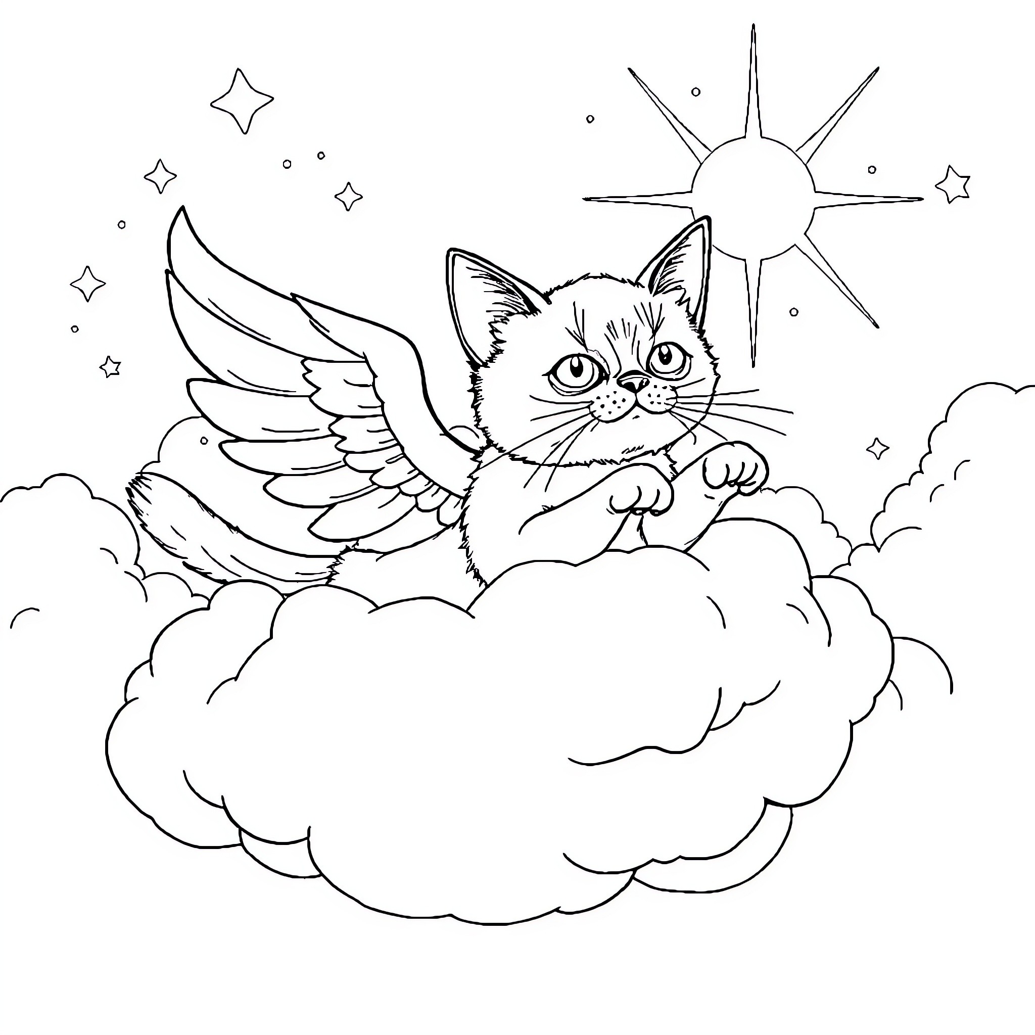 Siamese Cat with Wings Resting on Clouds Coloring Page (free black-and-white line drawing printable PDF for all, from beginners to advanced learners, including children, teens, adults, and seniors)