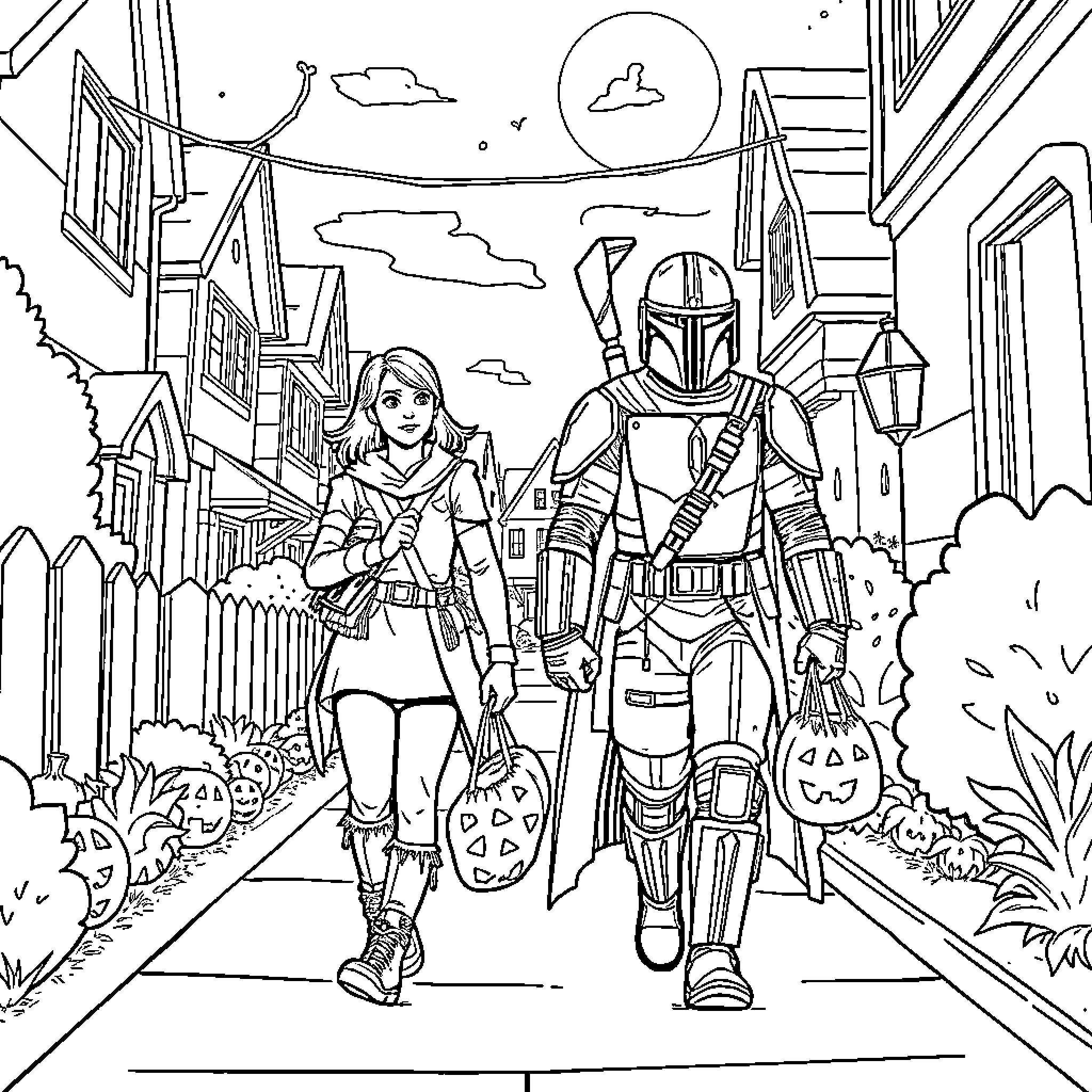 Rey and the Mandalorian explore the city Coloring Page (free black-and-white line drawing printable PDF for all, from beginners to advanced learners, including children, teens, adults, and seniors)