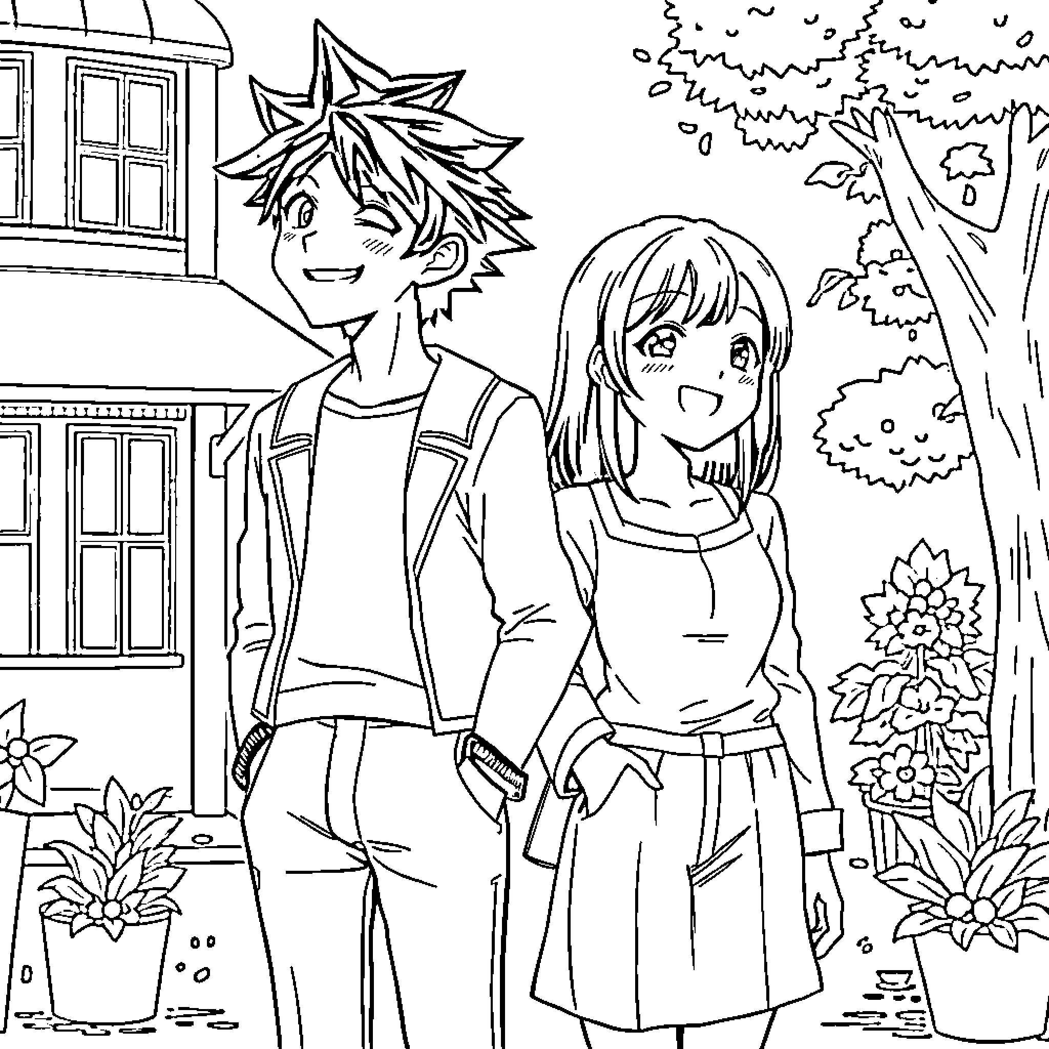 Izuku Midoriya and his friend enjoying outdoor scenery Coloring Page (free black-and-white line drawing printable PDF for all, from beginners to advanced learners, including children, teens, adults, and seniors)