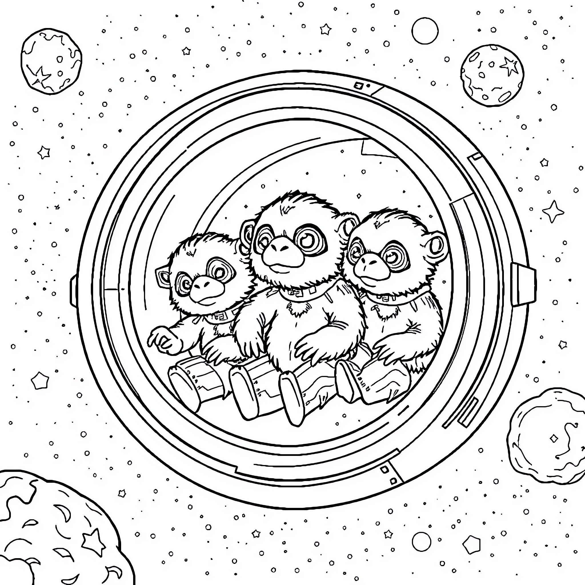Smurf Creatures Exploring the Cosmos Coloring Page (free black-and-white line drawing printable PDF for all, from beginners to advanced learners, including children, teens, adults, and seniors)