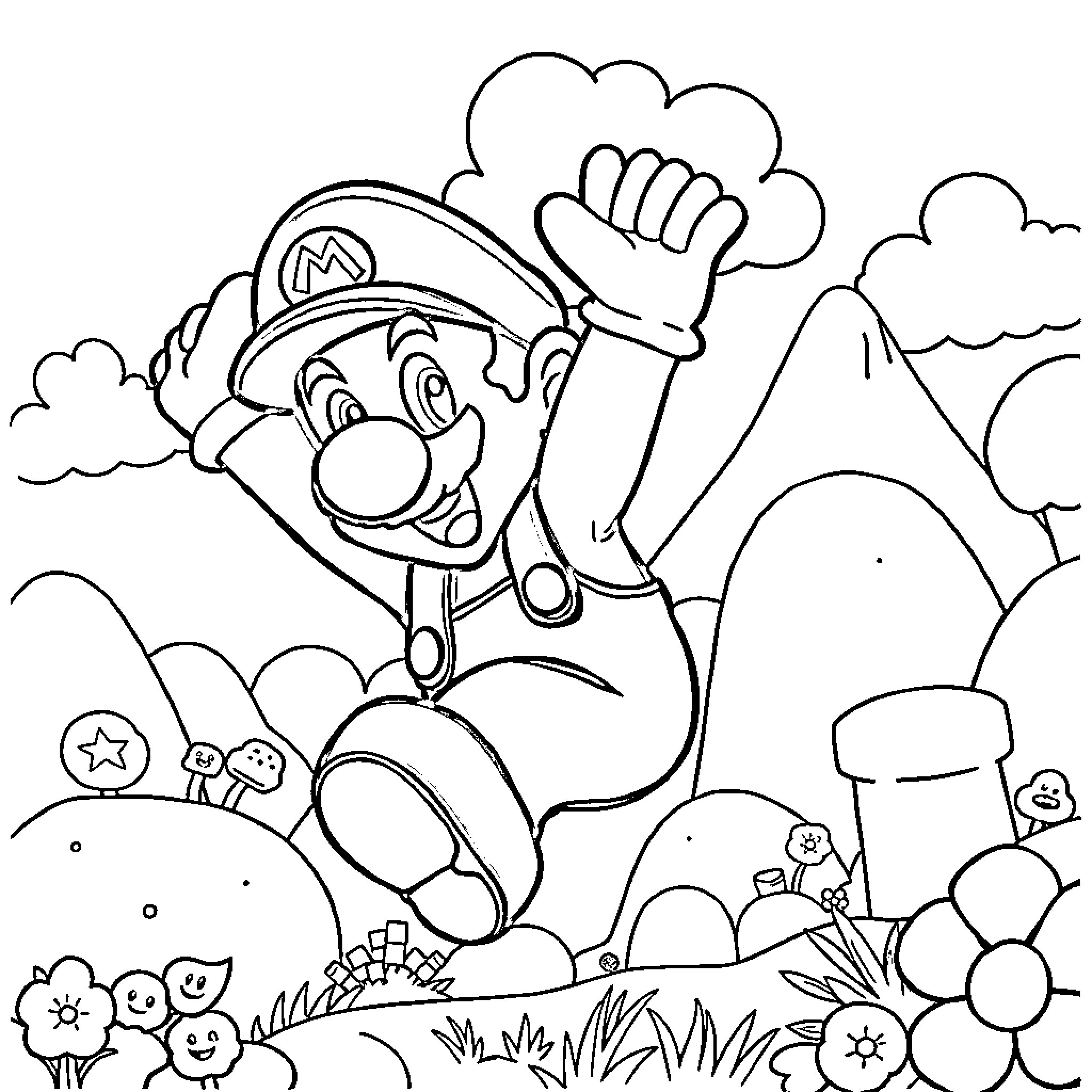 Mario Jumping with Joy in the Mushroom Kingdom Coloring Page (free black-and-white line drawing printable PDF for all, from beginners to advanced learners, including children, teens, adults, and seniors)