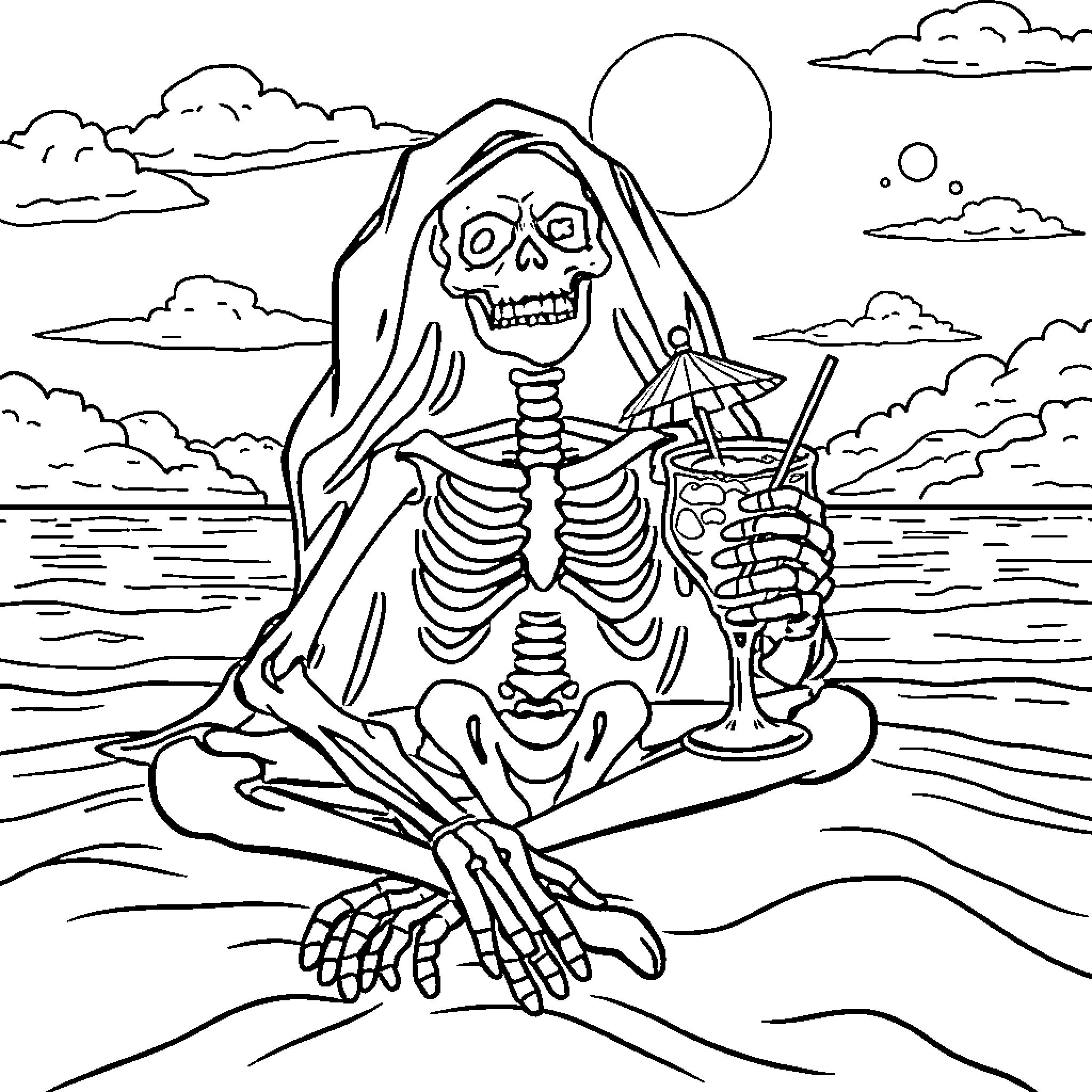Skeletor enjoying a drink by the shore Coloring Page (free black-and-white line drawing printable PDF for all, from beginners to advanced learners, including children, teens, adults, and seniors)