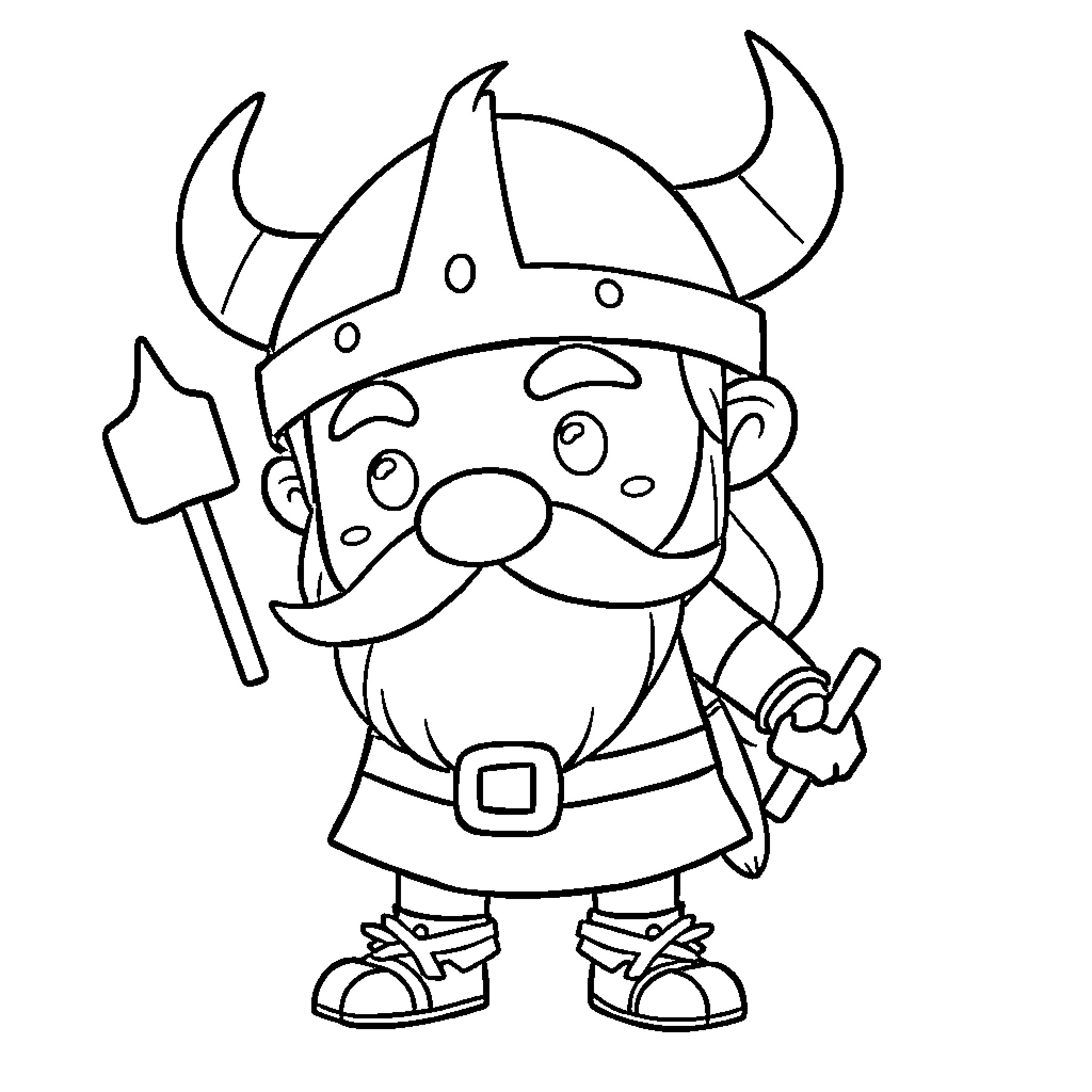 Viking character with horned helmet and weapon Coloring Page (free black-and-white line drawing printable PDF for all, from beginners to advanced learners, including children, teens, adults, and seniors)