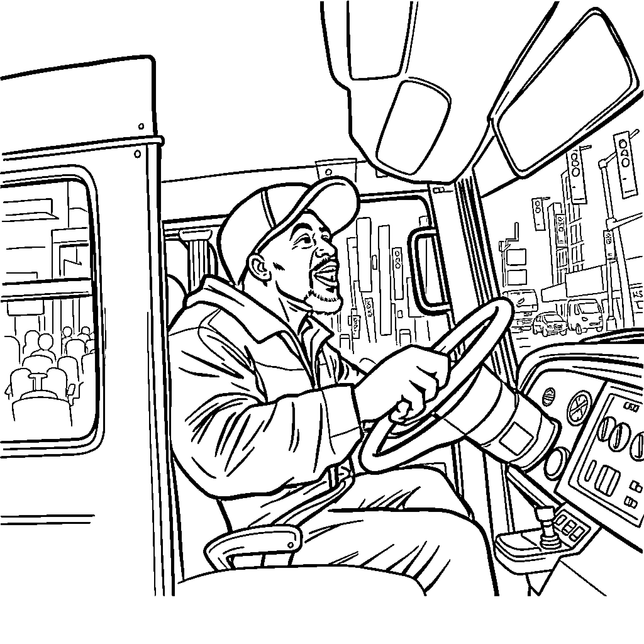 Bus Driver Operating Vehicle with Passengers on Board Coloring Page (free black-and-white line drawing printable PDF for all, from beginners to advanced learners, including children, teens, adults, and seniors)
