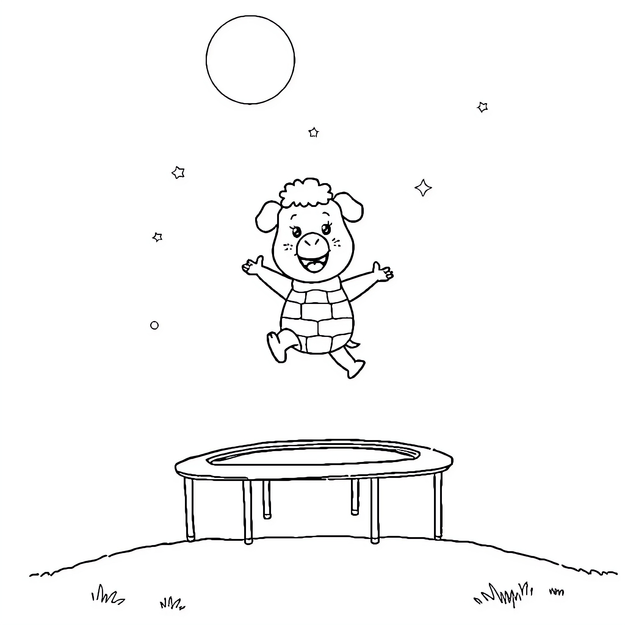 Duggee bouncing on a trampoline under the stars Coloring Page (free black-and-white line drawing printable PDF for all, from beginners to advanced learners, including children, teens, adults, and seniors)