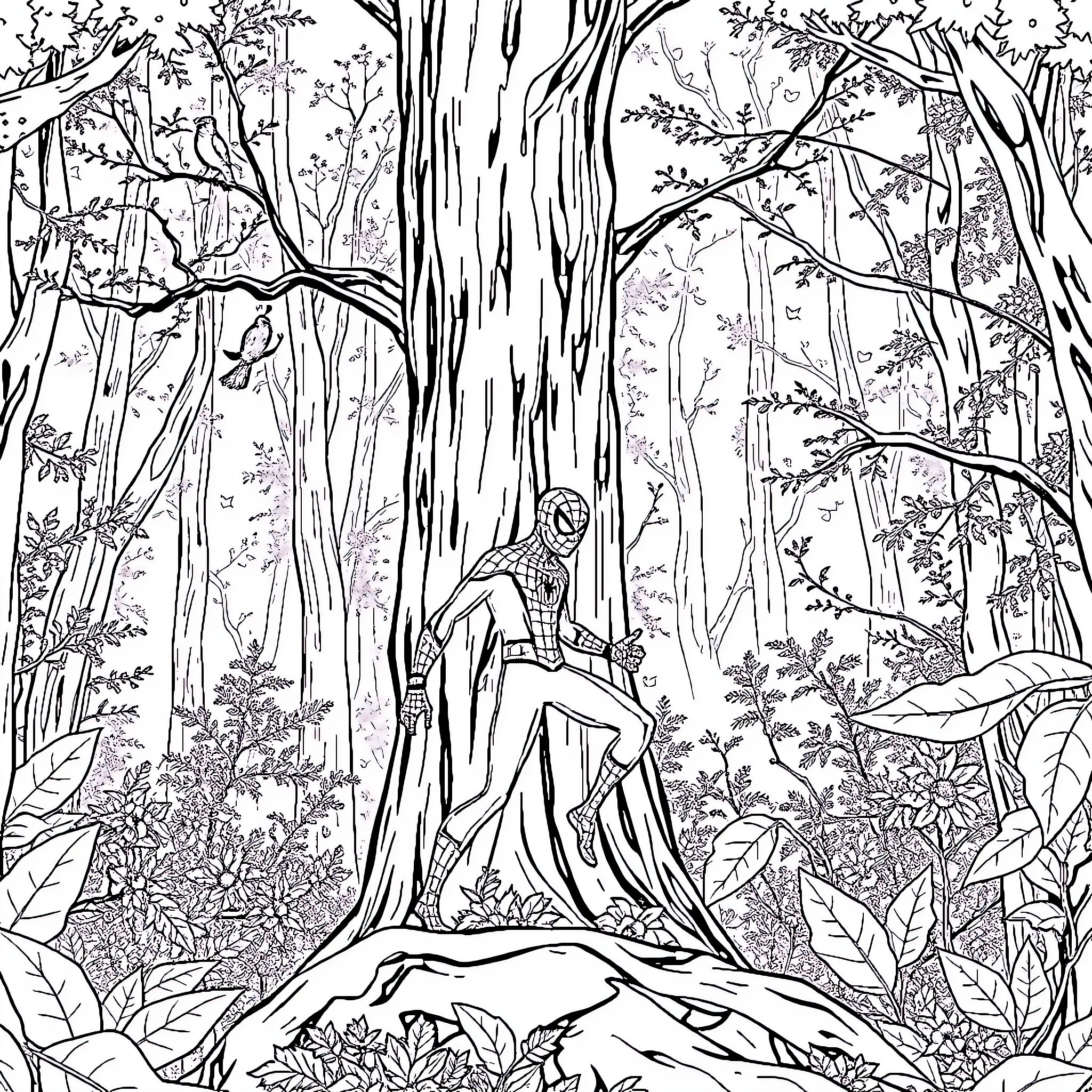 Spiderman exploring the enchanted forest Coloring Page (free black-and-white line drawing printable PDF for all, from beginners to advanced learners, including children, teens, adults, and seniors)