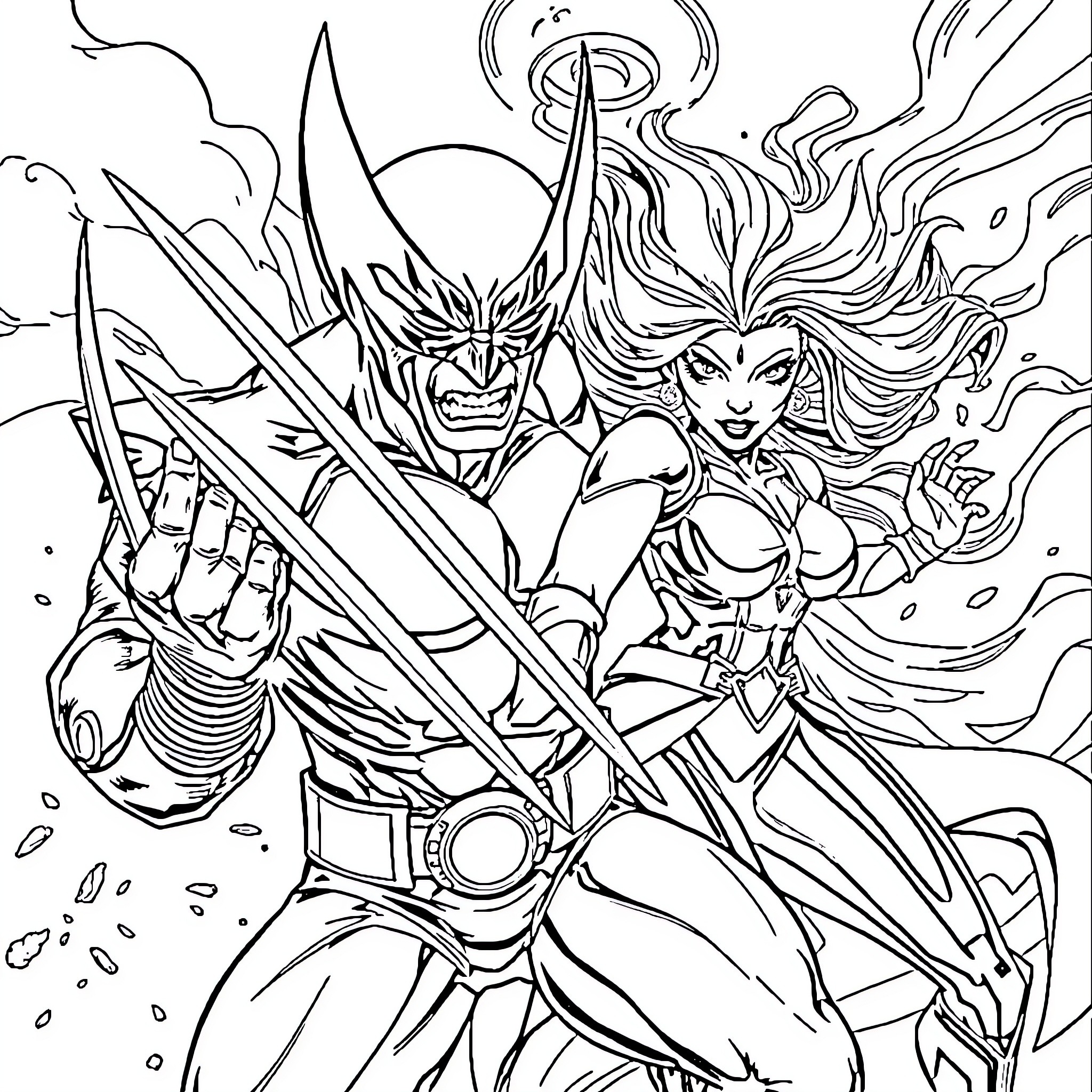 Xmen Heroes in Fierce Battle Coloring Page (free black-and-white line drawing printable PDF for all, from beginners to advanced learners, including children, teens, adults, and seniors)