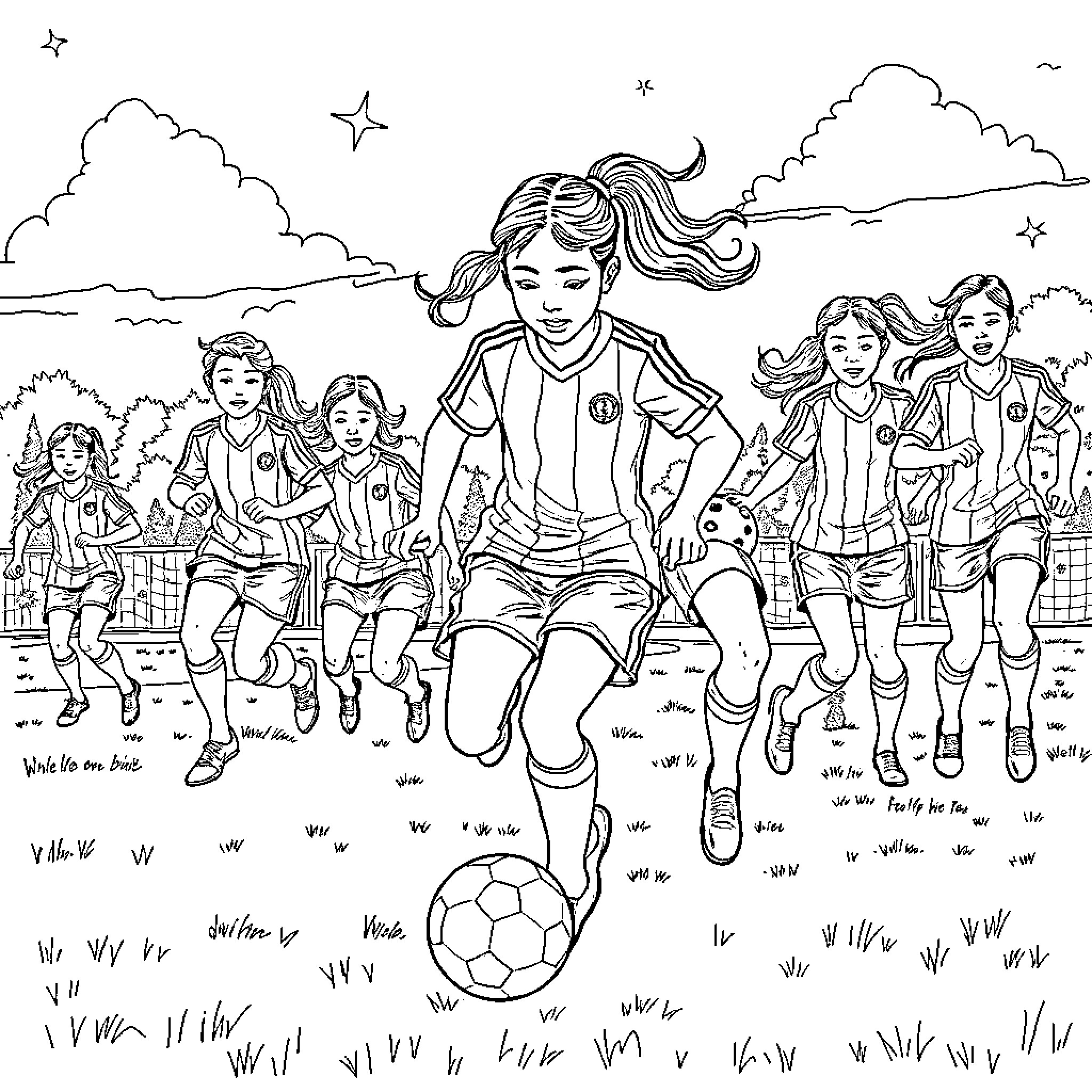 Soccer Team Playing on the Field Coloring Page (free black-and-white line drawing printable PDF for all, from beginners to advanced learners, including children, teens, adults, and seniors)