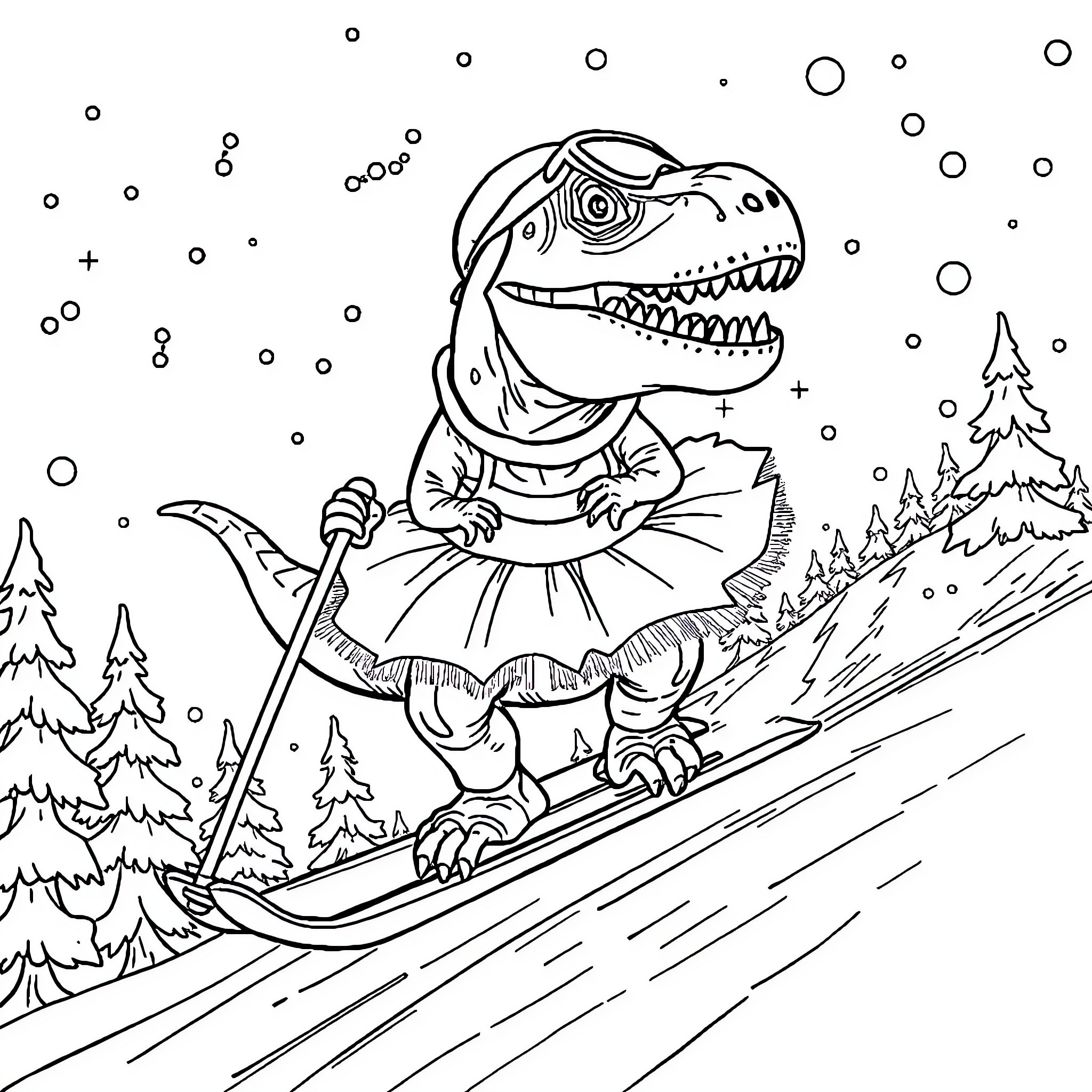 T-Rex skiing through a snowy winter wonderland Coloring Page (free black-and-white line drawing printable PDF for all, from beginners to advanced learners, including children, teens, adults, and seniors)