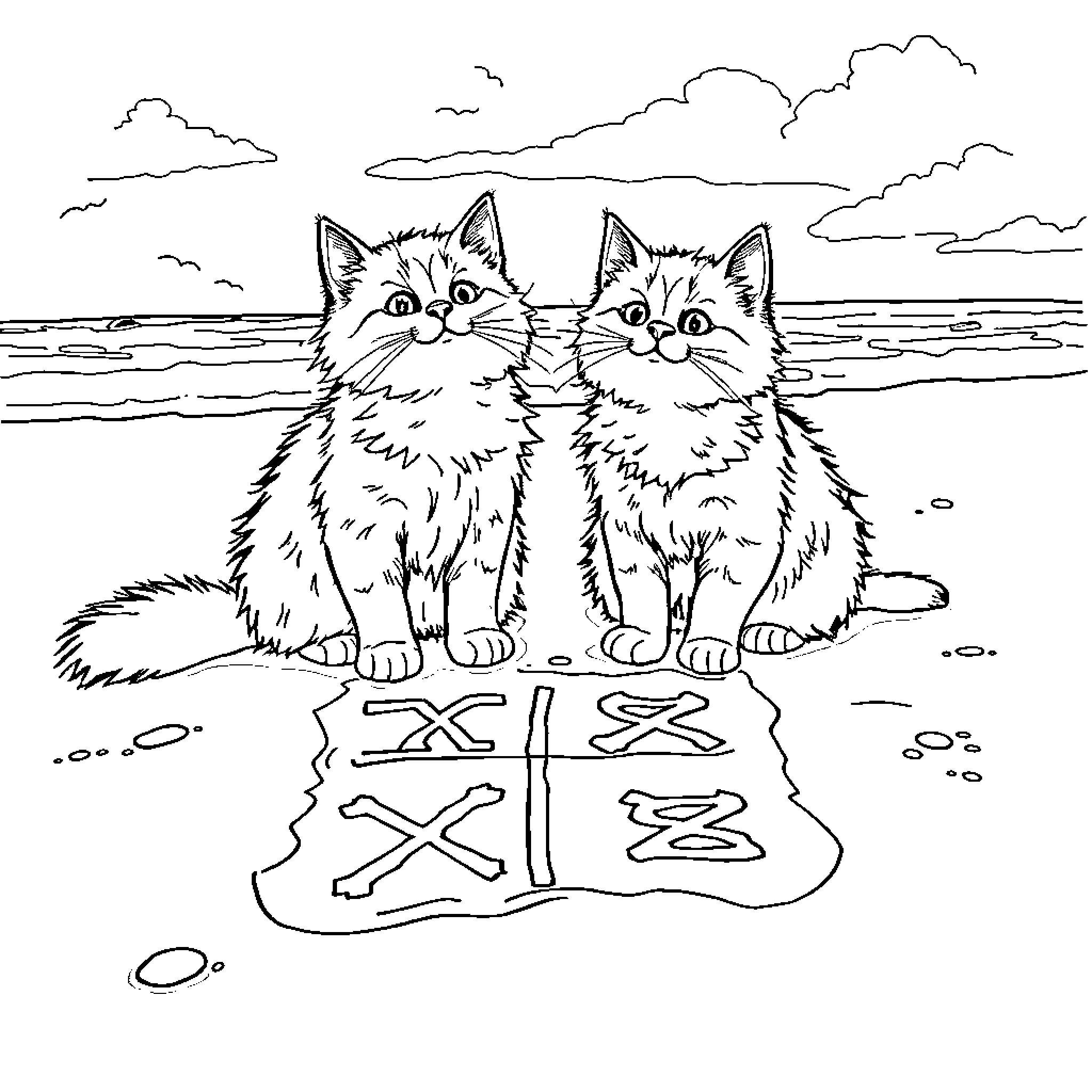 Cats Exploring the Beach Coloring Page (free black-and-white line drawing printable PDF for all, from beginners to advanced learners, including children, teens, adults, and seniors)