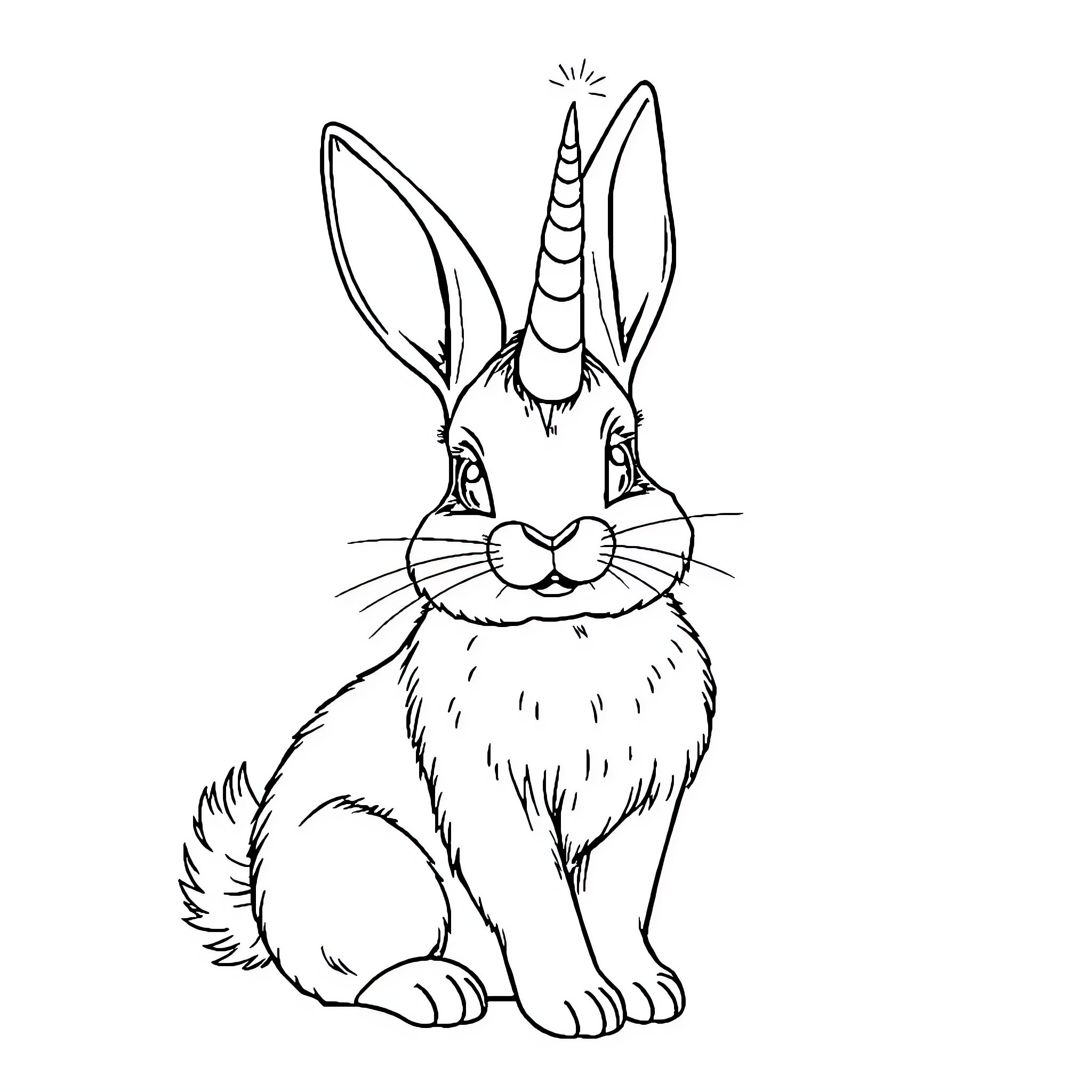 Rabbit with unicorn horn sitting happily Coloring Page (free black-and-white line drawing printable PDF for all, from beginners to advanced learners, including children, teens, adults, and seniors)