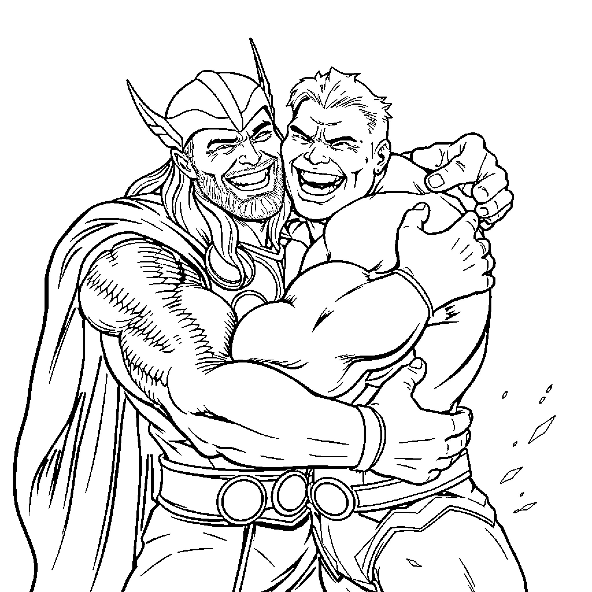 Thor and Hulk Engaging in Exaggerated Heroic Poses Coloring Page (free black-and-white line drawing printable PDF for all, from beginners to advanced learners, including children, teens, adults, and seniors)