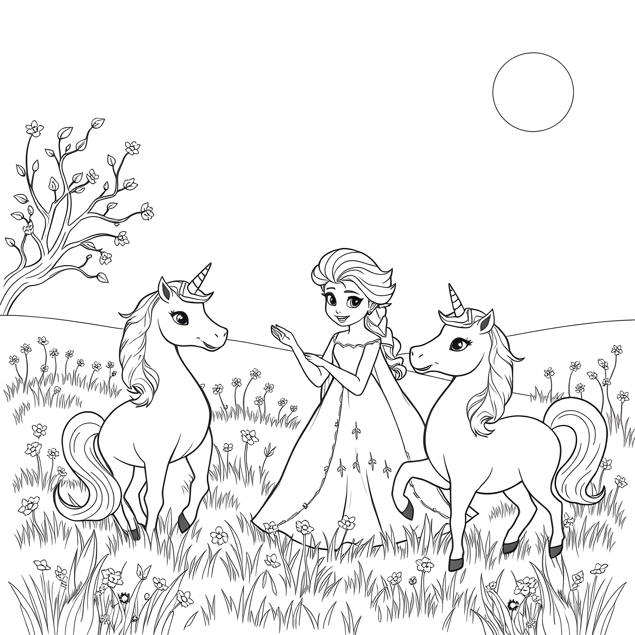 Elsa enjoying a peaceful day with unicorns in a magical meadow Coloring Page (free black-and-white line drawing printable PDF for all, from beginners to advanced learners, including children, teens, adults, and seniors)
