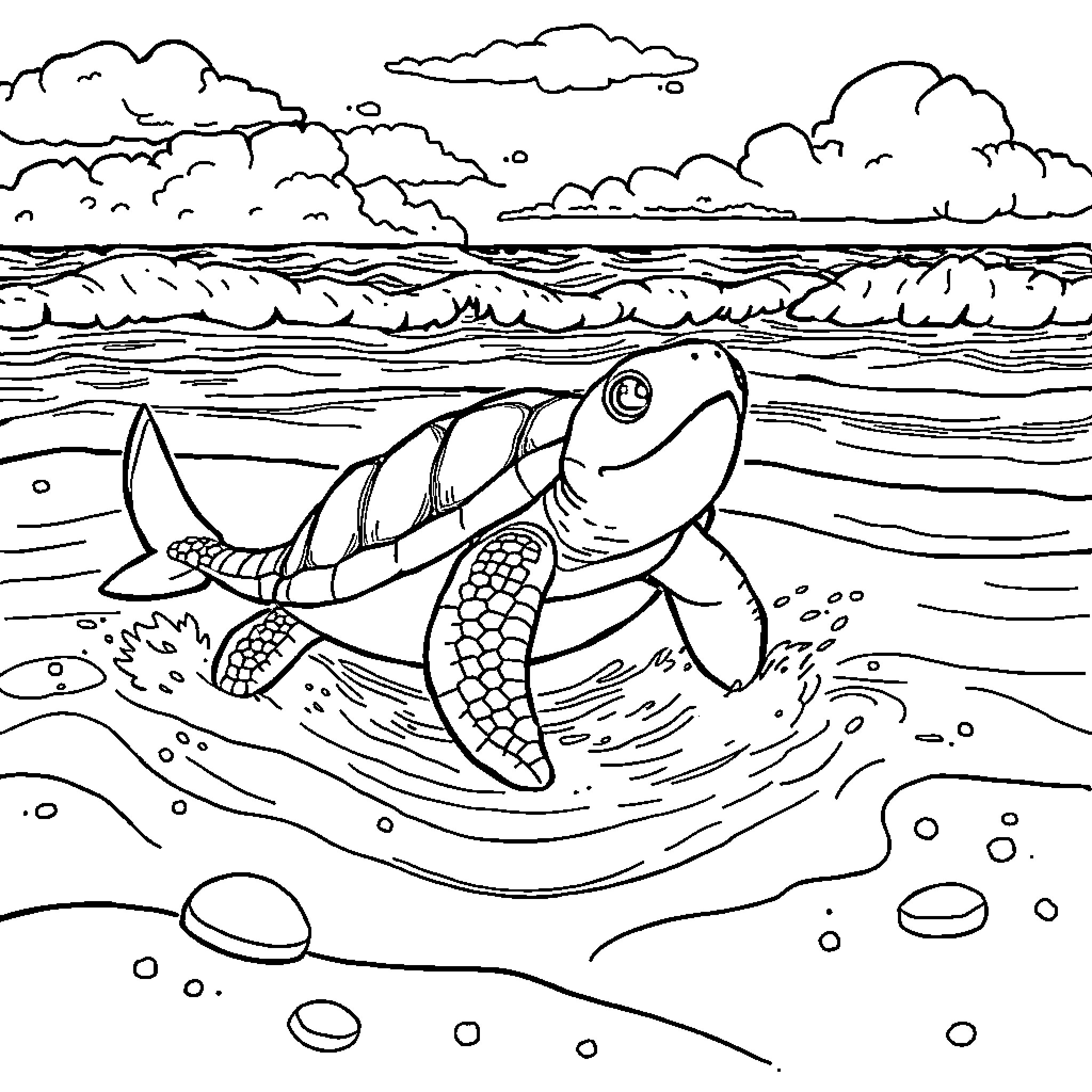 Tortuga swimming in the ocean Coloring Page (free black-and-white line drawing printable PDF for all, from beginners to advanced learners, including children, teens, adults, and seniors)