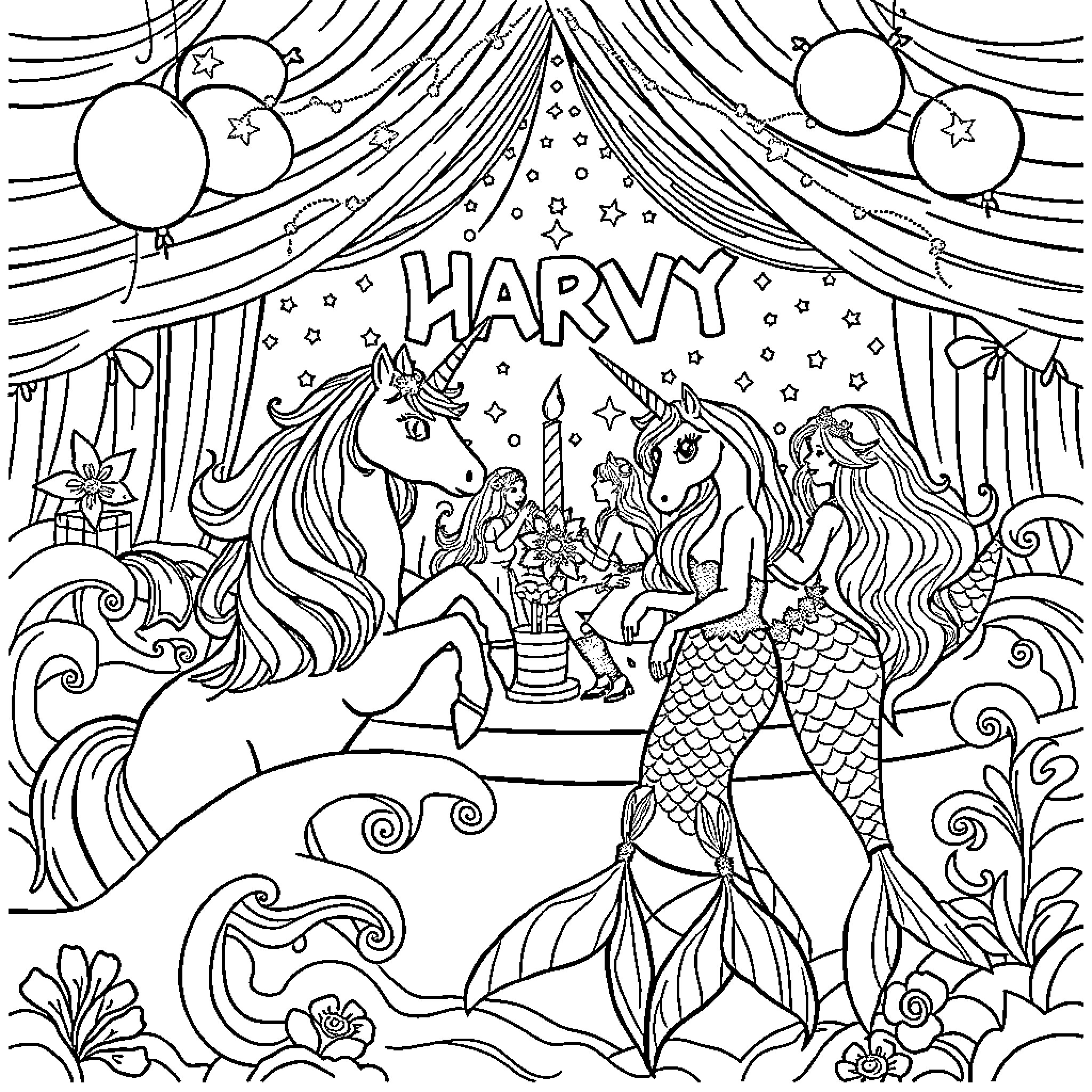 Unicorn Celebration of Magical Creatures Coloring Page (free black-and-white line drawing printable PDF for all, from beginners to advanced learners, including children, teens, adults, and seniors)
