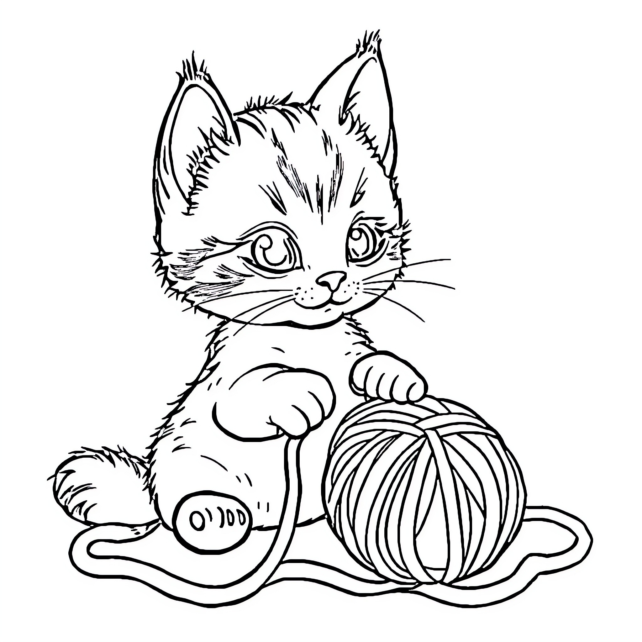 Kitten playing with yarn ball Coloring Page (free black-and-white line drawing printable PDF for all, from beginners to advanced learners, including children, teens, adults, and seniors)