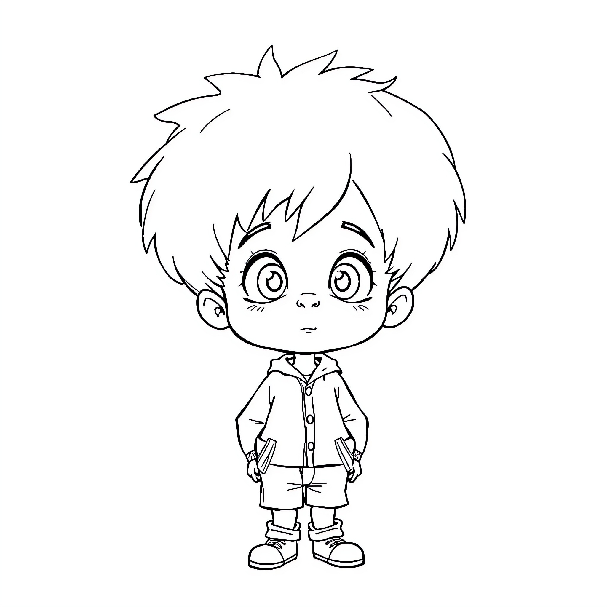 Kid with curious expression in casual outfit Coloring Page (free black-and-white line drawing printable PDF for all, from beginners to advanced learners, including children, teens, adults, and seniors)