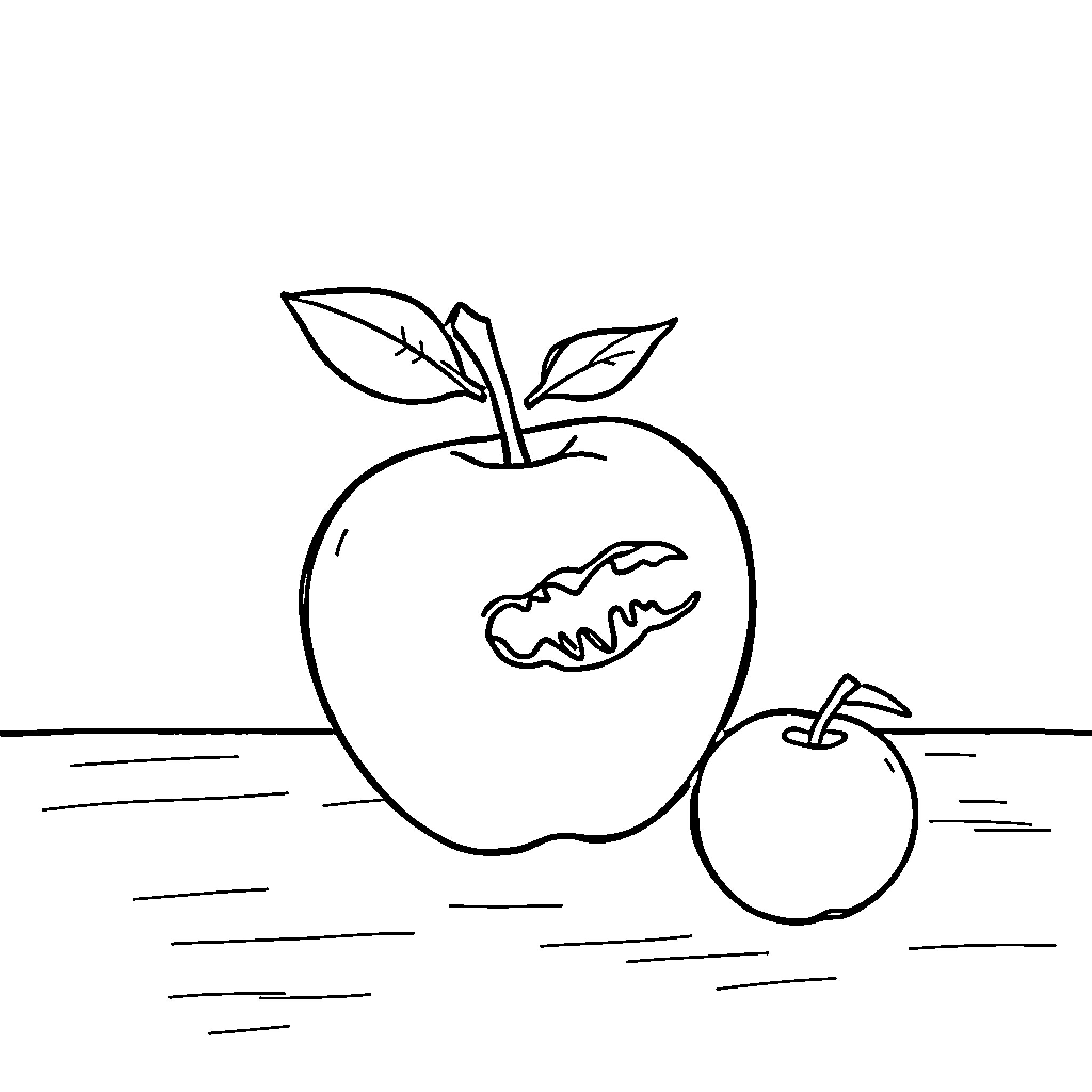 Apple with a bite mark on a table Coloring Page (free black-and-white line drawing printable PDF for all, from beginners to advanced learners, including children, teens, adults, and seniors)