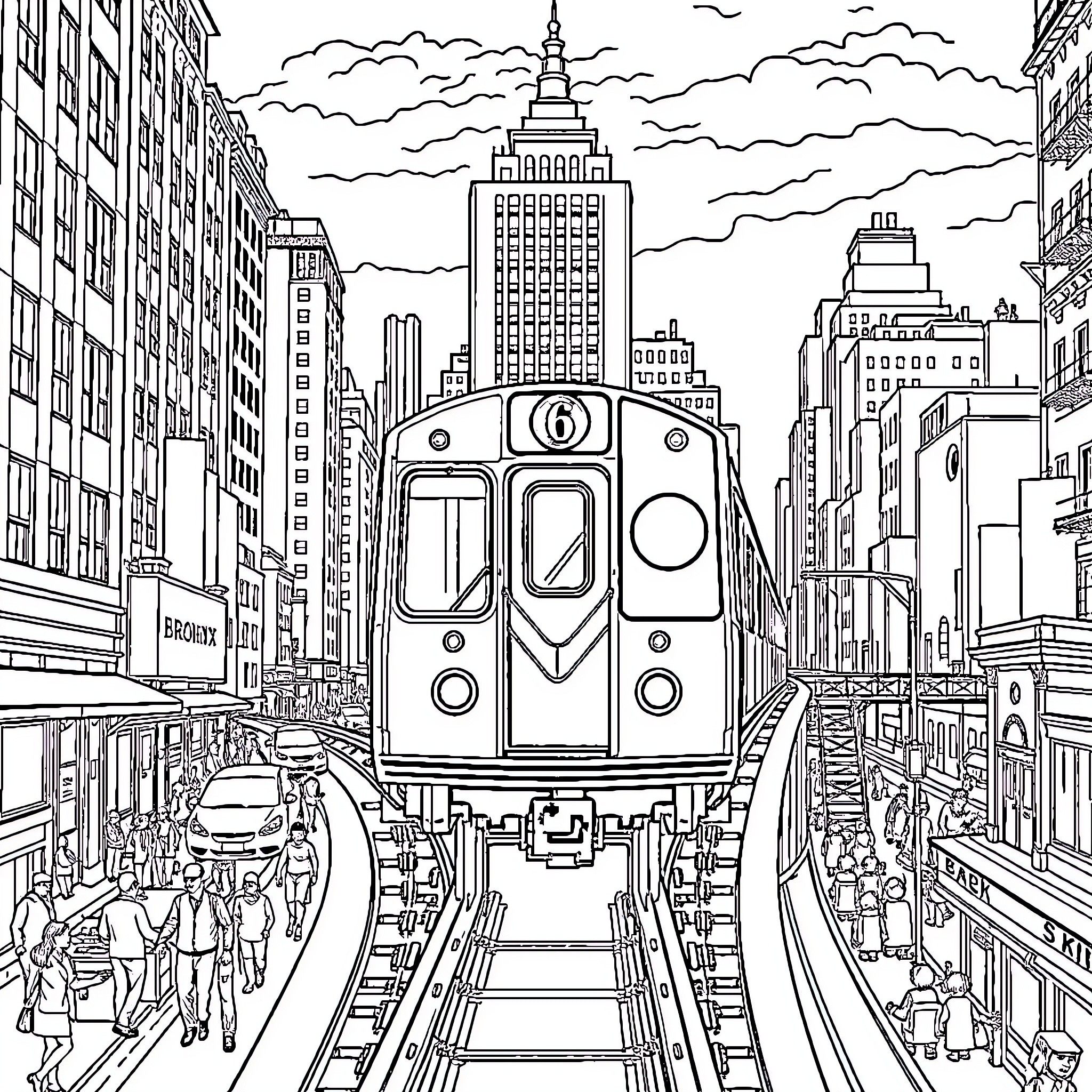 Train traveling through a bustling city skyline Coloring Page (free black-and-white line drawing printable PDF for all, from beginners to advanced learners, including children, teens, adults, and seniors)