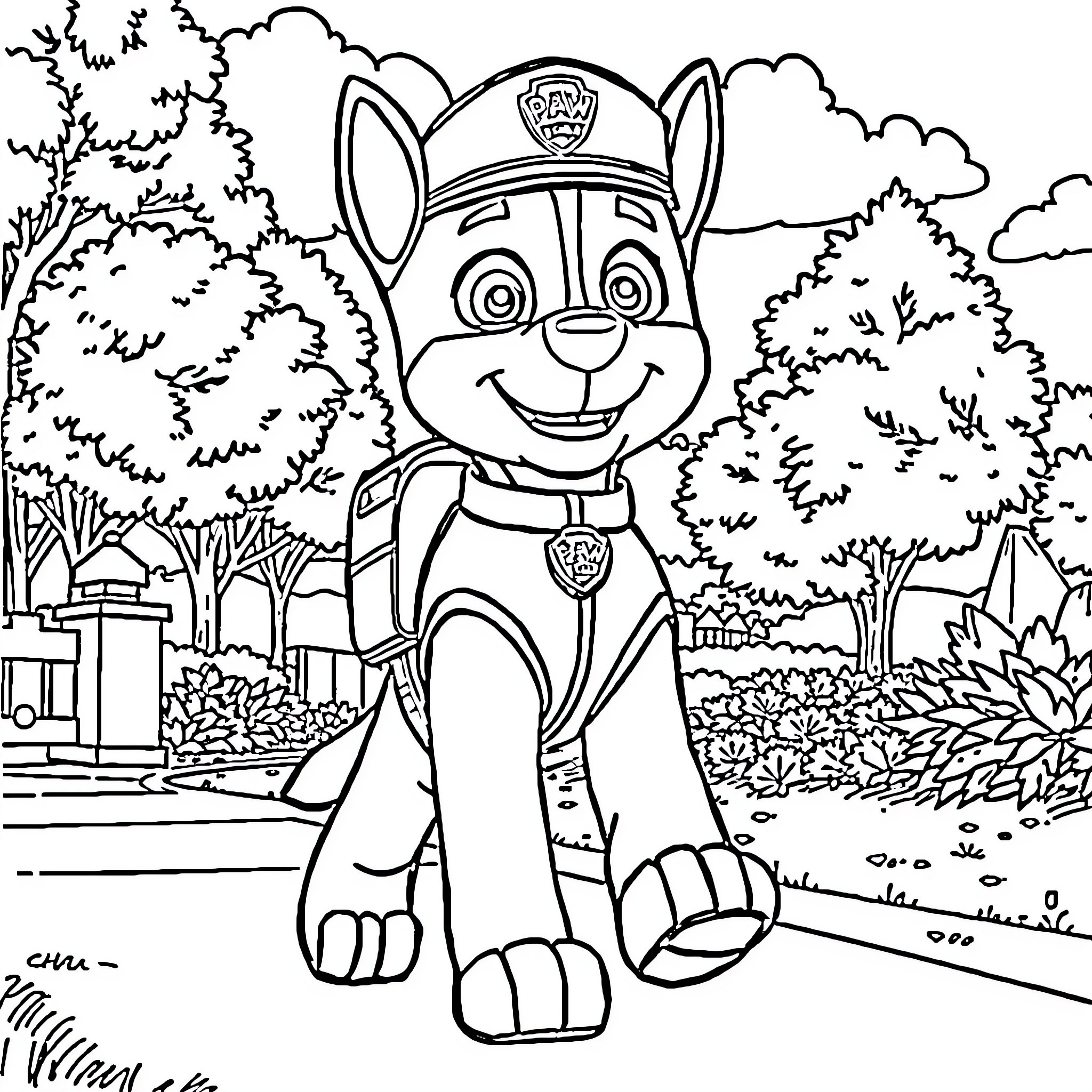 Pat the heroic pup on patrol in the park Coloring Page (free black-and-white line drawing printable PDF for all, from beginners to advanced learners, including children, teens, adults, and seniors)