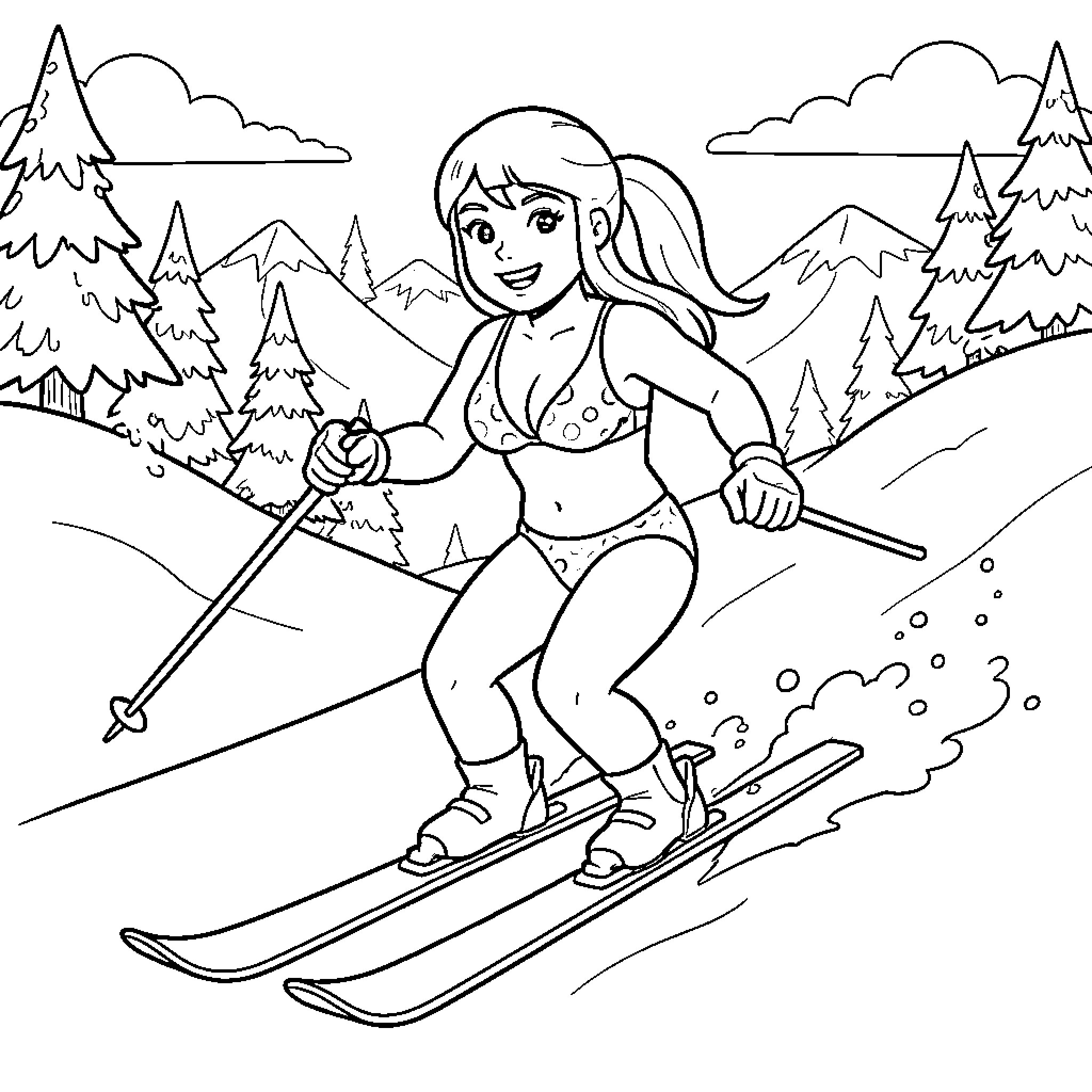Bumba skiing down the snowy slopes Coloring Page (free black-and-white line drawing printable PDF for all, from beginners to advanced learners, including children, teens, adults, and seniors)