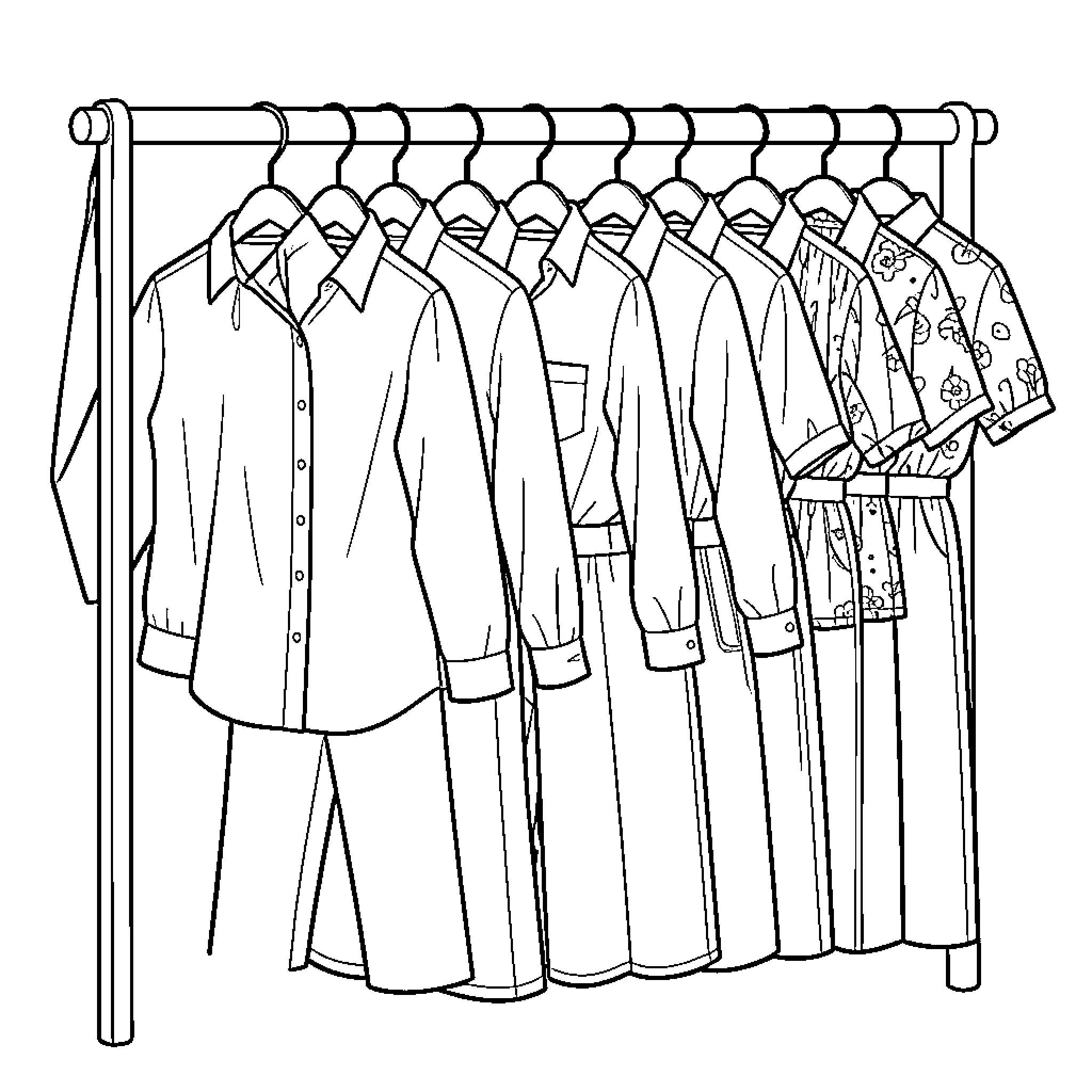 Clothing hanging on a rack in a row Coloring Page (free black-and-white line drawing printable PDF for all, from beginners to advanced learners, including children, teens, adults, and seniors)