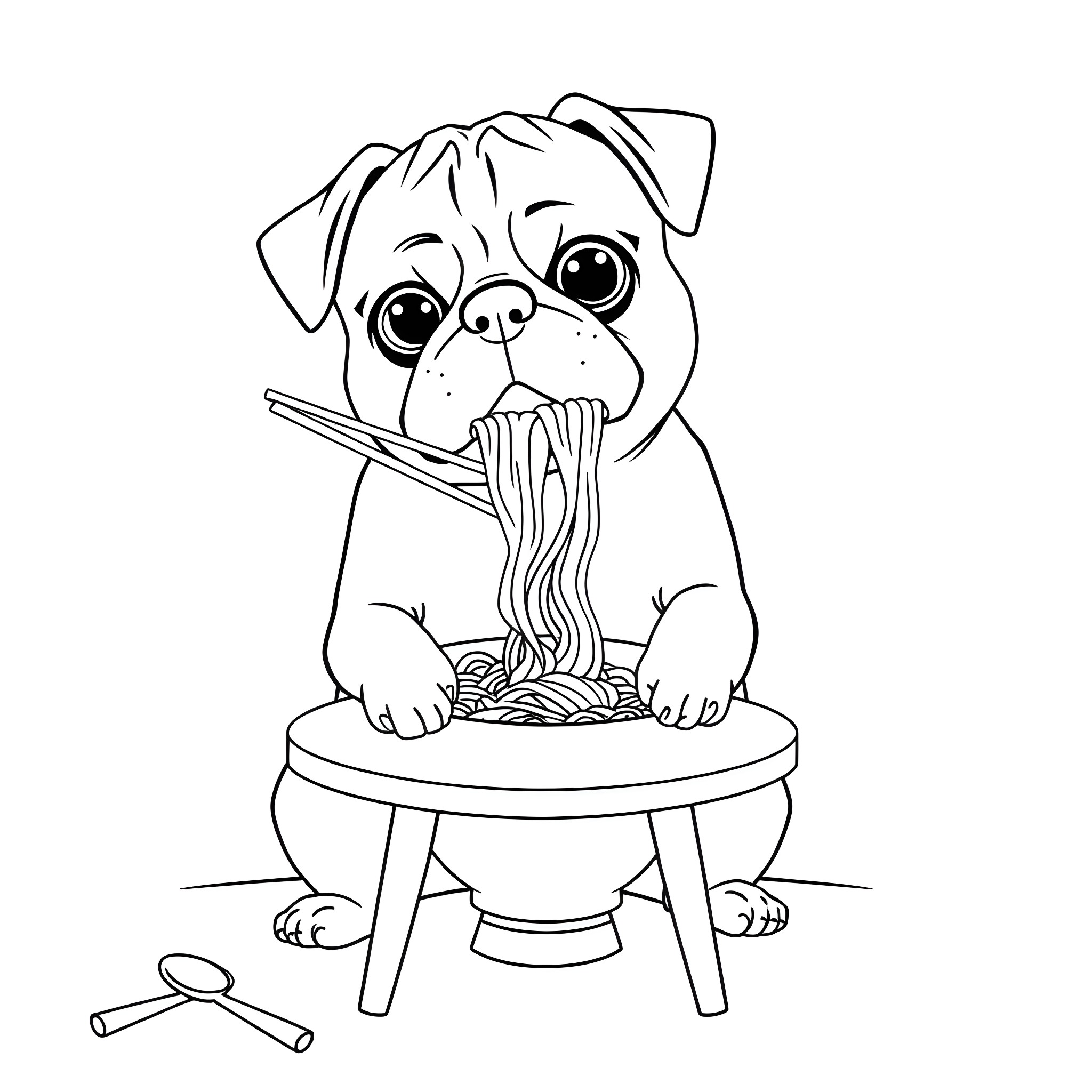 Pug enjoying a hearty meal of noodles Coloring Page (free black-and-white line drawing printable PDF for all, from beginners to advanced learners, including children, teens, adults, and seniors)
